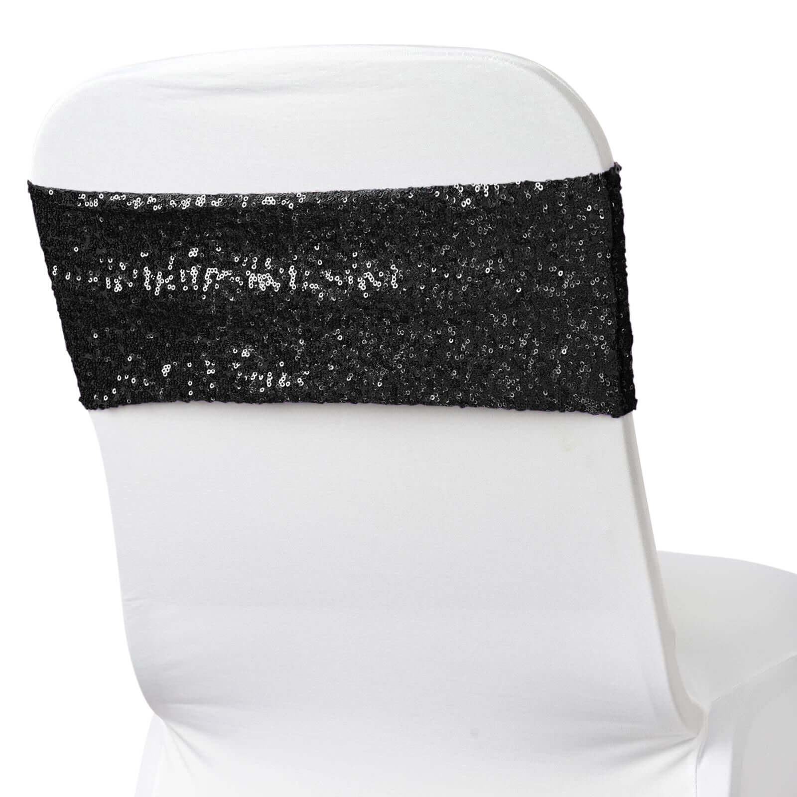 5 Pack Sequin Spandex Chair Sashes Black - Sparkly Stretch Chair Bands for Glamorous Events 6x15