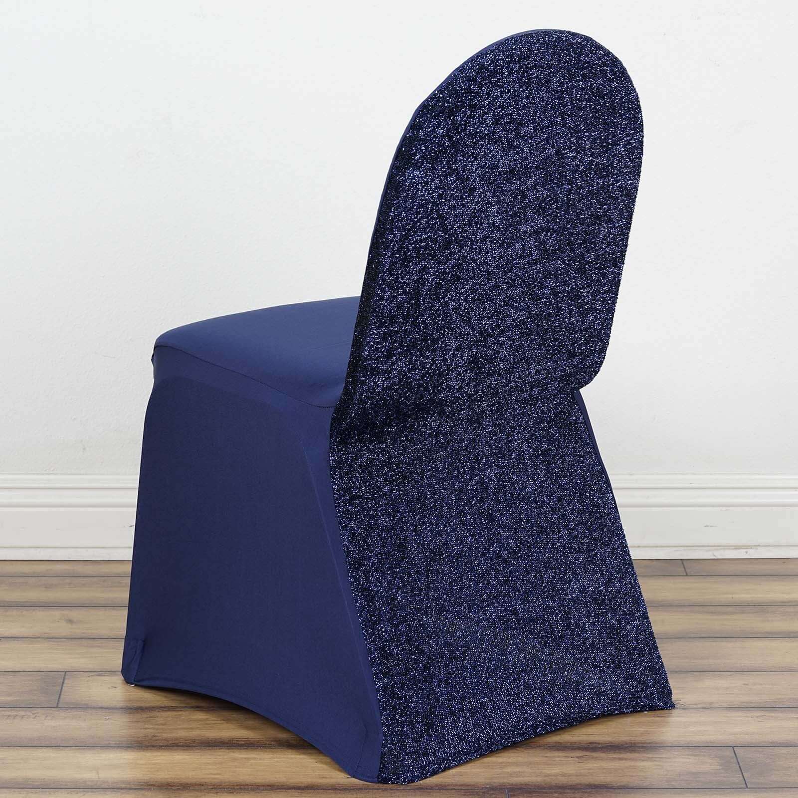 Spandex Chair Cover with Metallic Shimmer Tinsel Back for Banquet Chairs Navy Blue - Fitted Slipcover