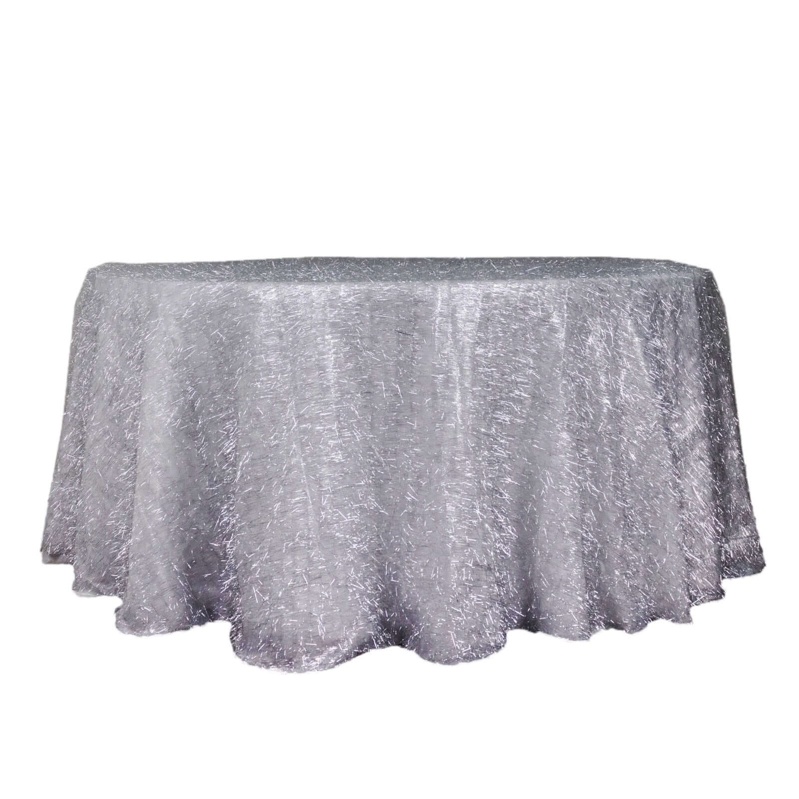 Polyester 120 Round Silver Tablecloth Metallic Fringe Shag Tinsel Table Cover