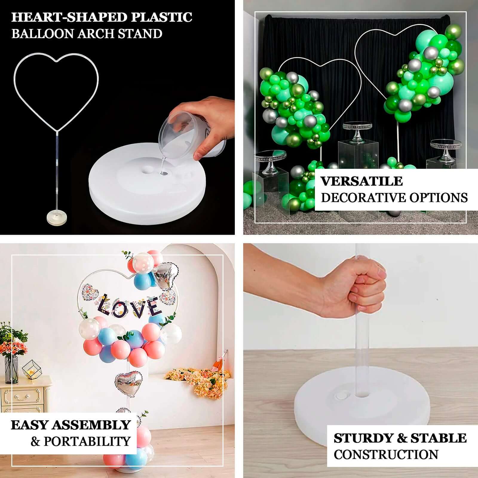 2 Pack White Heart Shaped Plastic Balloon Holder Column, 5ft Balloon Arch Stand Kit with Round Water Fillable Base