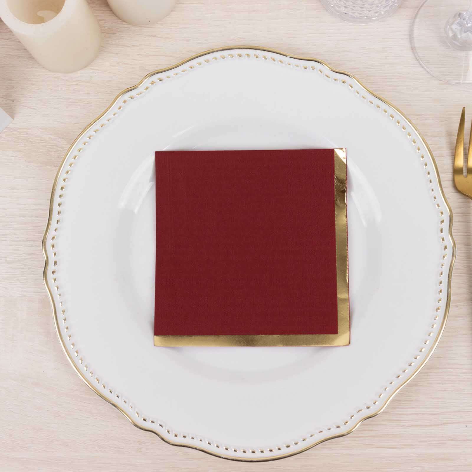 50-Pack Paper Beverage Napkins Burgundy with Gold Foil Edge - 2 Ply Disposable Soft 18GSM Cocktail Napkins 5x5