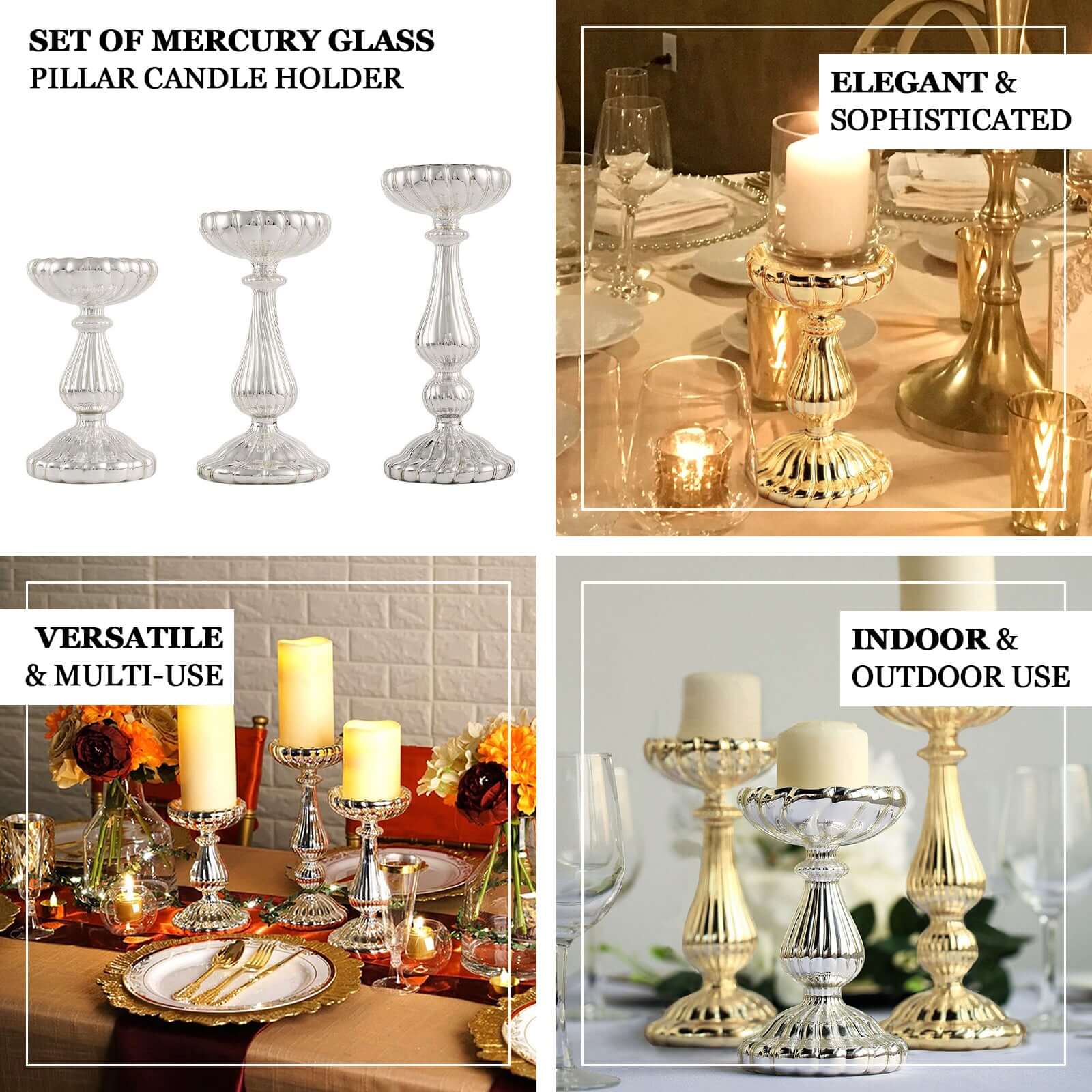 Set of 3 Candle Holder Stands Gold Mercury Glass Pillar Design - Stylish Votive Centerpieces for Tables & Decor 7, 8, 10