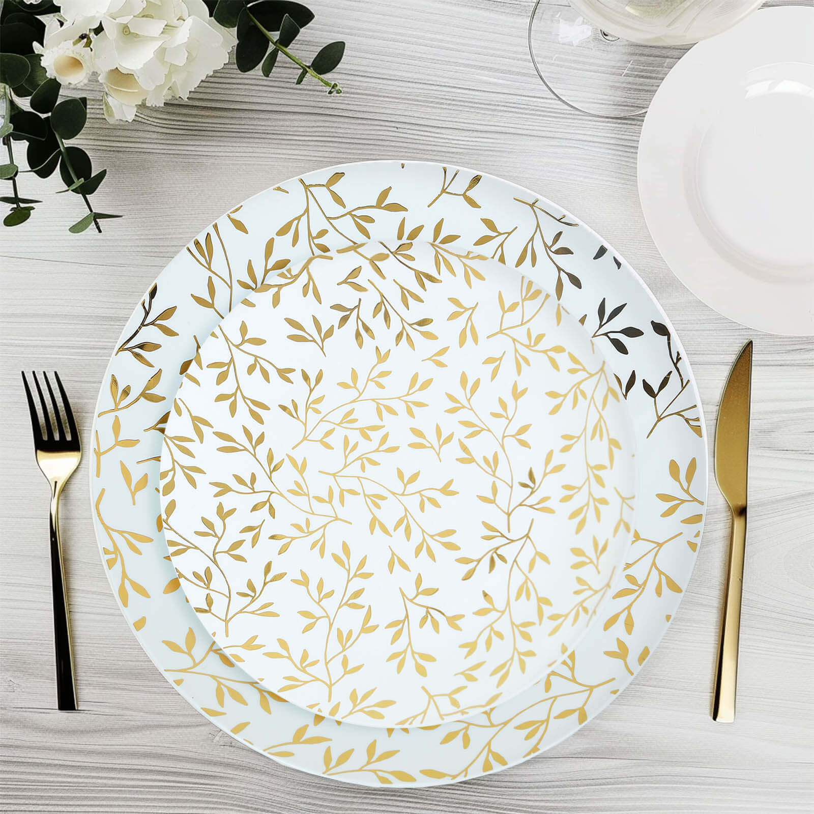 10-Pack Plastic 8 Round Salad Dessert Plates in White with Gold Leaf Design - Heavy Duty Disposable Party Plates for Stylish Events & Memorable Gatherings