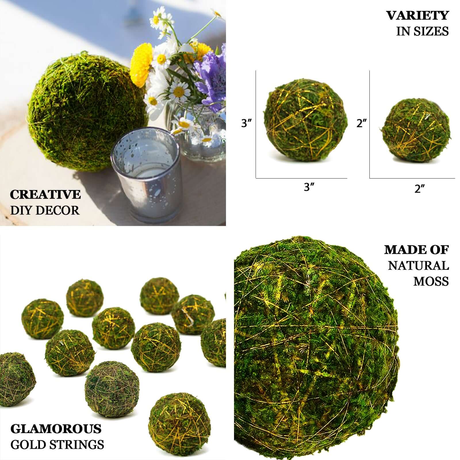 12-Pack Moss Ball Vase Fillers Handmade with Golden Twine Natural Preserved - DIY Decorative Craft Projects 2