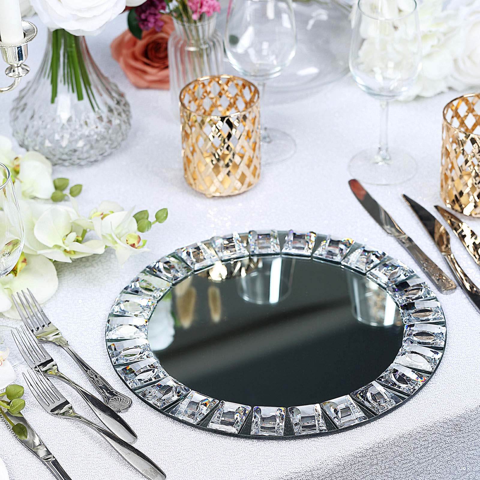 2-Pack Glass Mirror Round Charger Plates 13 in Silver with Jeweled Rim - Premium Decorative Dinner Party Charger Tableware