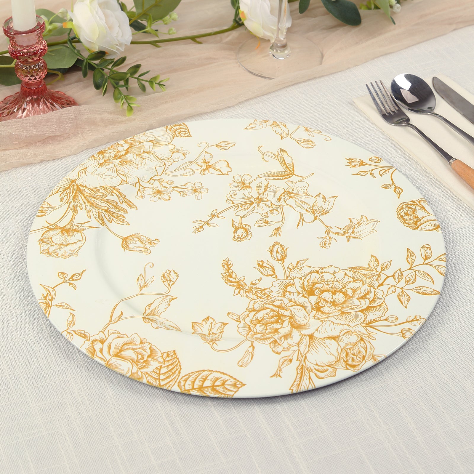 6-Pack Acrylic Round Charger Plates 13 in White with Gold Floral French Toile Pattern, Decorative Dinner Party Charger Tableware
