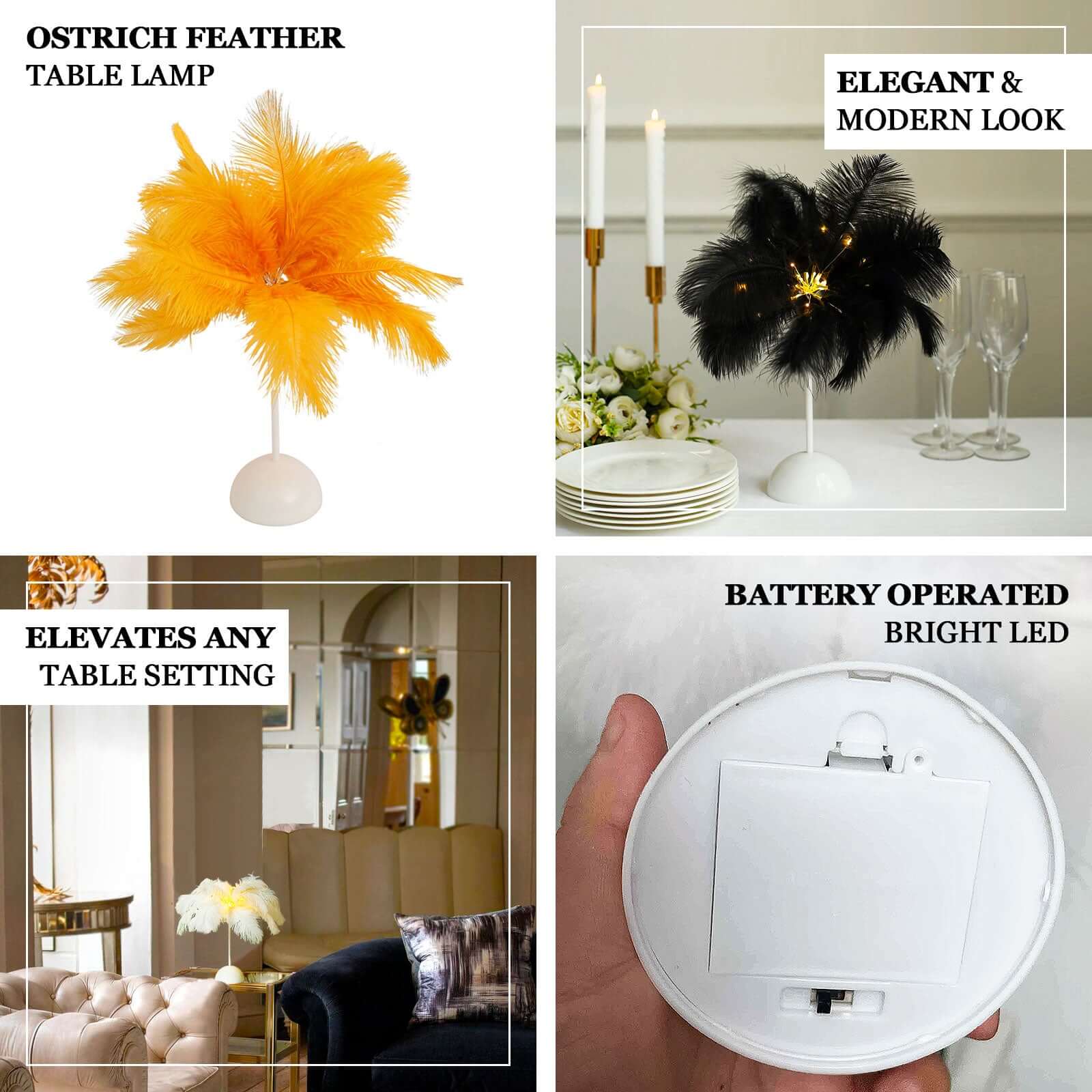 Table Lamp Ostrich Feather Design Gold LED Battery Operated - Cordless Wedding Centerpiece 15