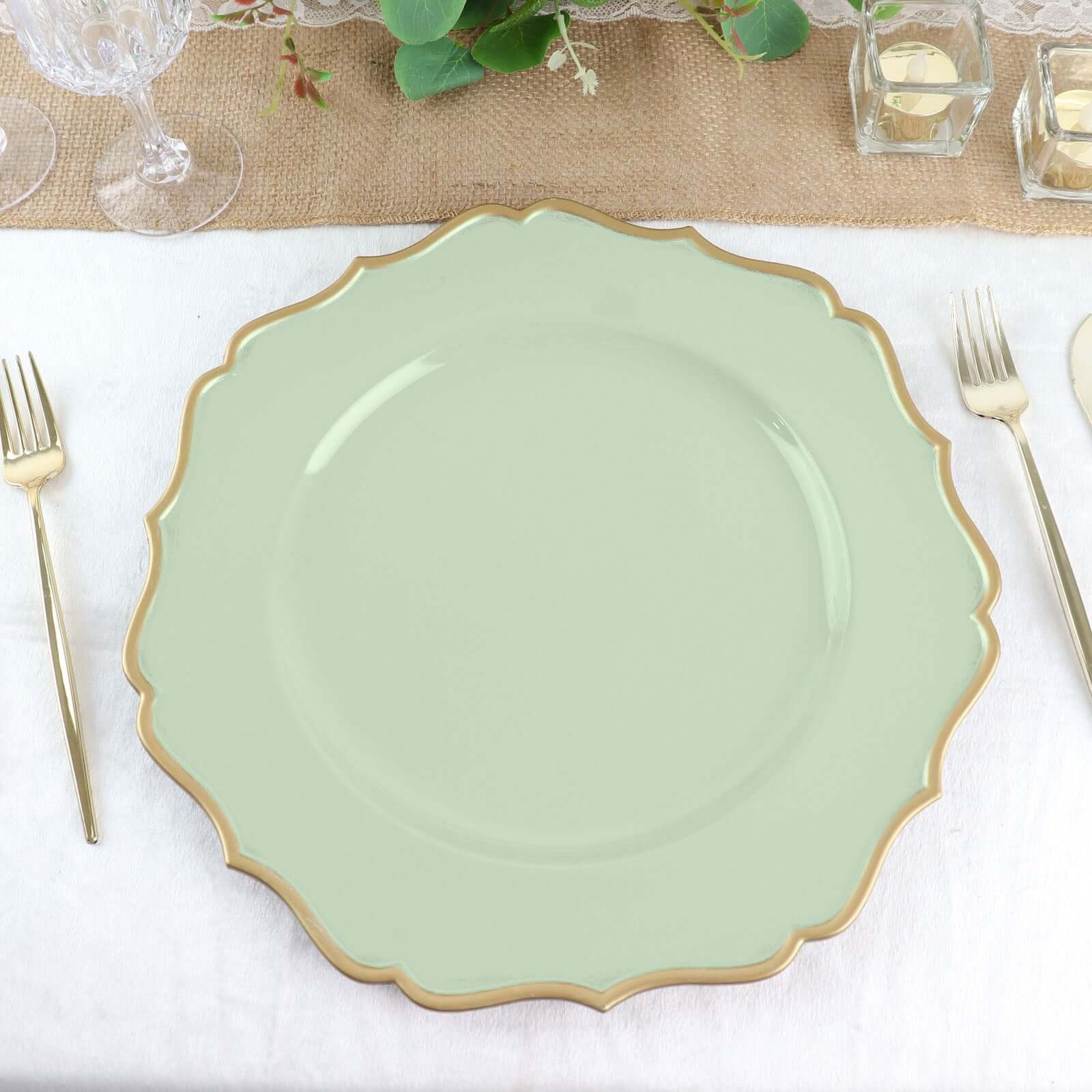 6-Pack Acrylic Round Charger Plates 13 in Sage Sage Green with Gold Scalloped Rim, Decorative Dinner Party Plastic Charger Tableware