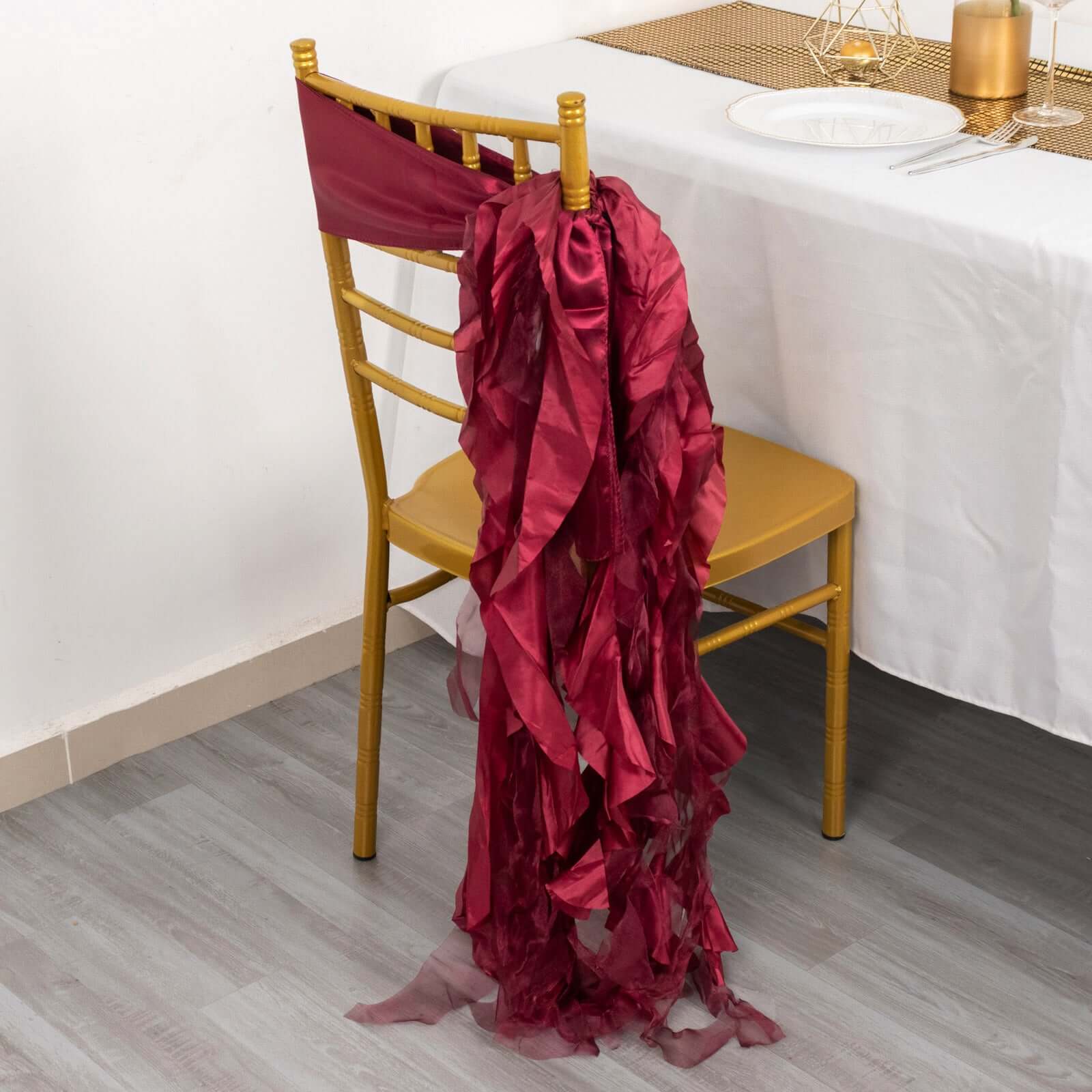 5 Pack Chiffon Satin Chair Sashes Burgundy - Easy to Install Ruffled Curly Willow