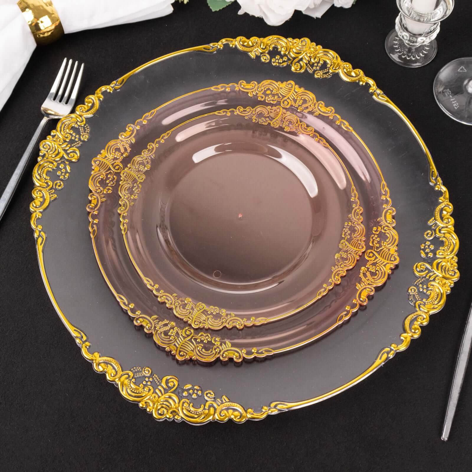 10-Pack Plastic 10 Round Dinner Plates in Transparent Blush with Gold Leaf Embossed Rim - Disposable Vintage Baroque Style Plates