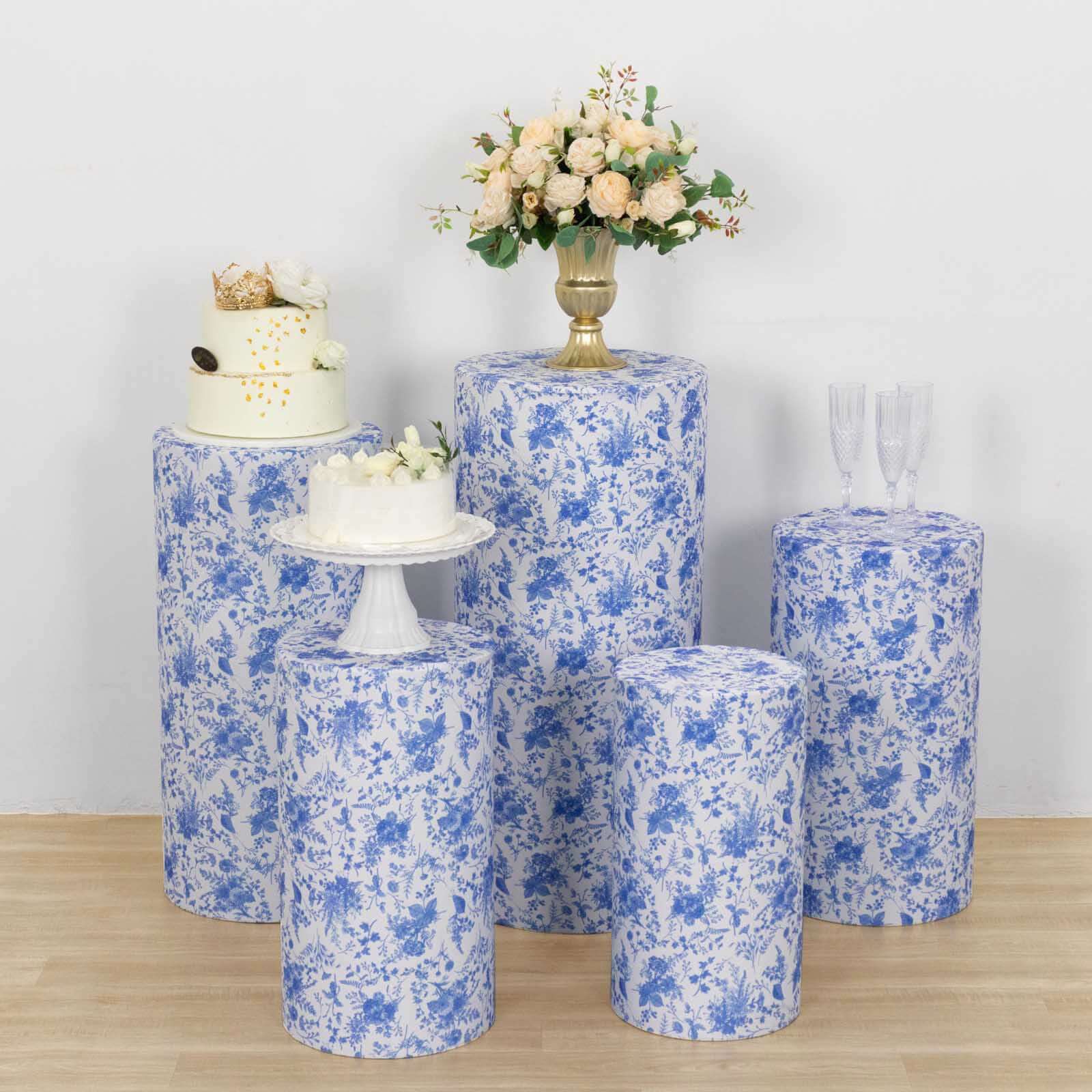 Set of 5 White Blue Spandex Cylinder Pedestal Stand Covers in French Toile Floral Pattern, Stretchable Pillar Prop Covers - 160 GSM