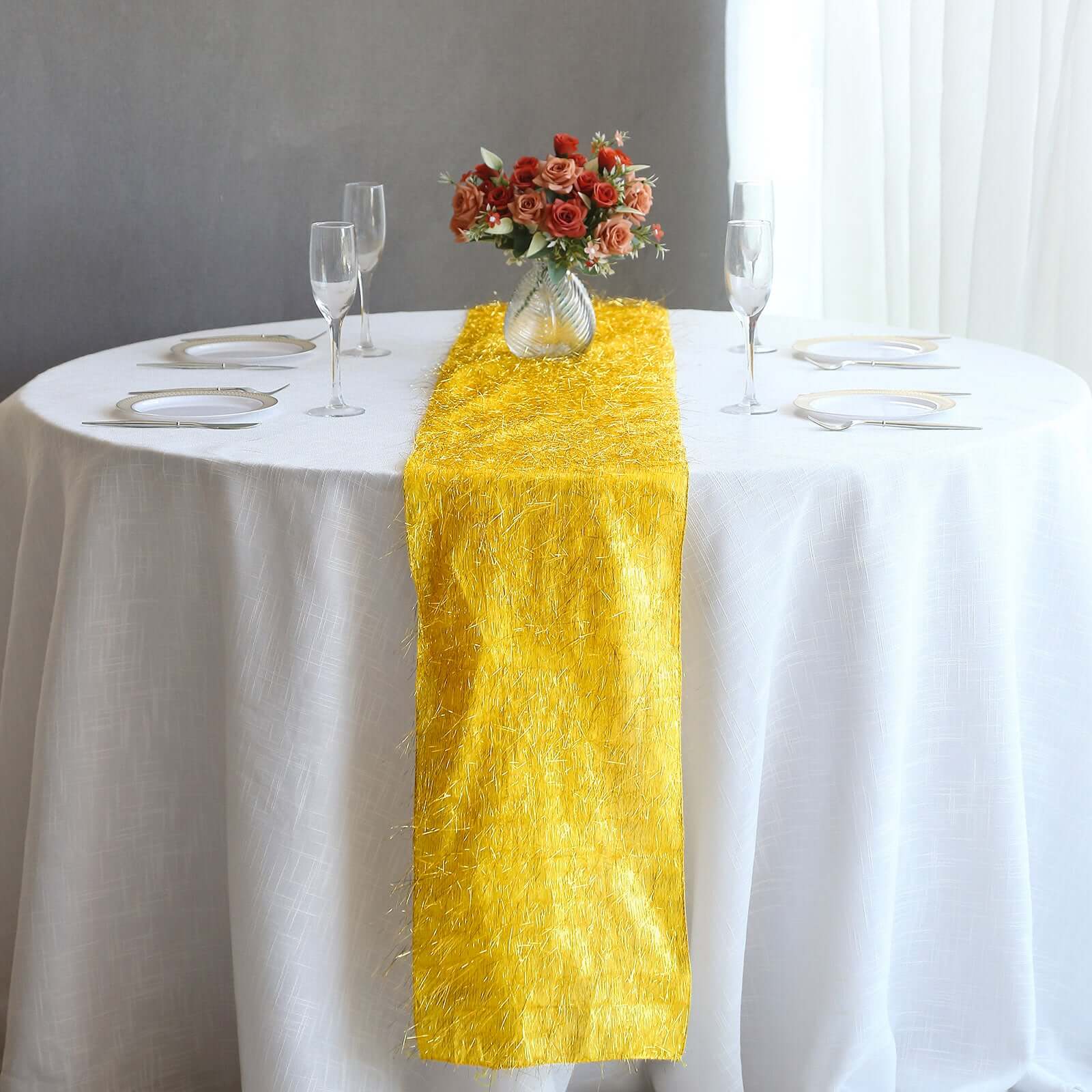 Metallic Tinsel Polyester 12x108 Table Runner Gold - Shimmery Fringe Shag Event Table Decor