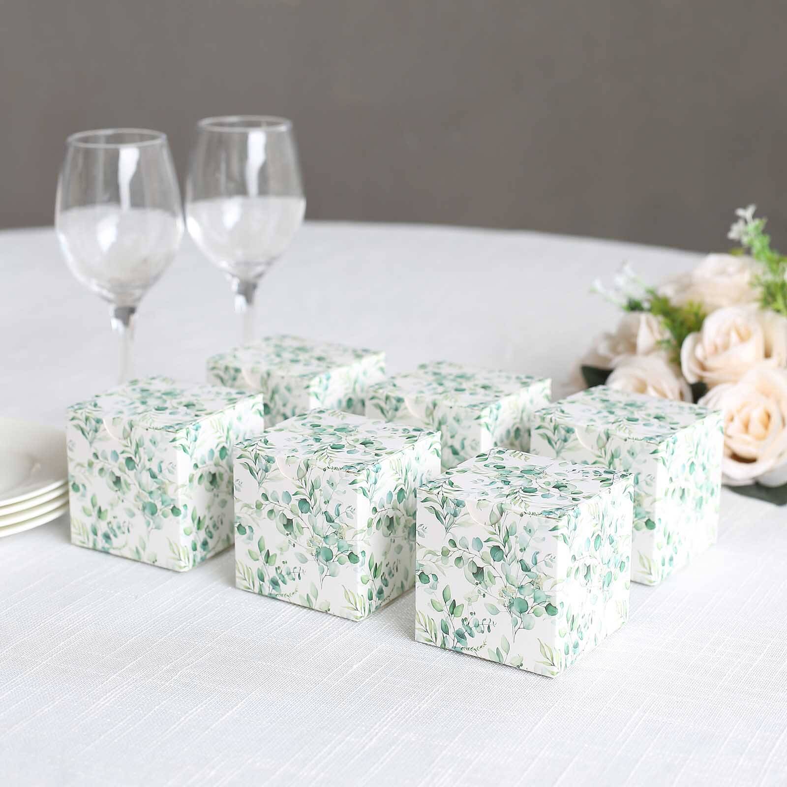 25 Pack White Green Eucalyptus Leaves Print Paper Favor Boxes, Cardstock Party Shower Candy Gift Boxes - 3x3x3