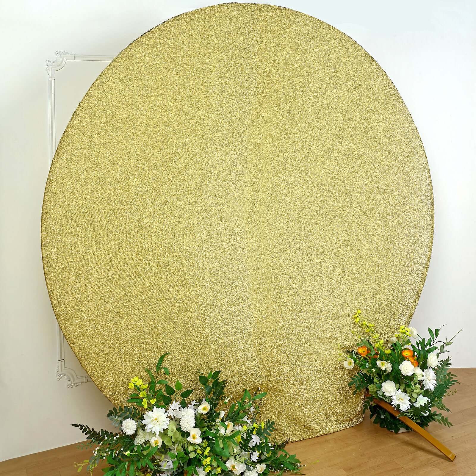 7.5ft Champagne Metallic Shimmer Tinsel Spandex Round Wedding Arch Cover, 2-Sided Photo Backdrop