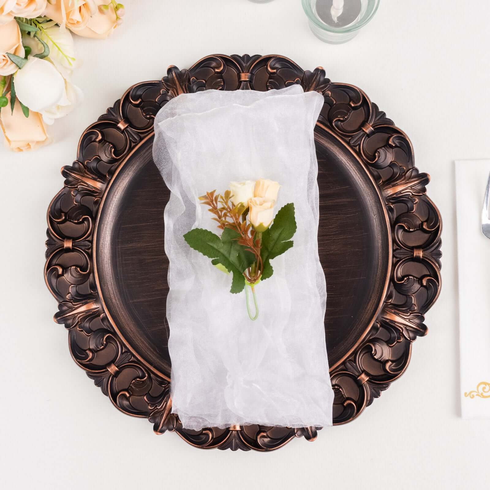 5 Pack Crinkled Organza 21x21 Napkins White - Classy Rustic Style Dinner & Party Napkins