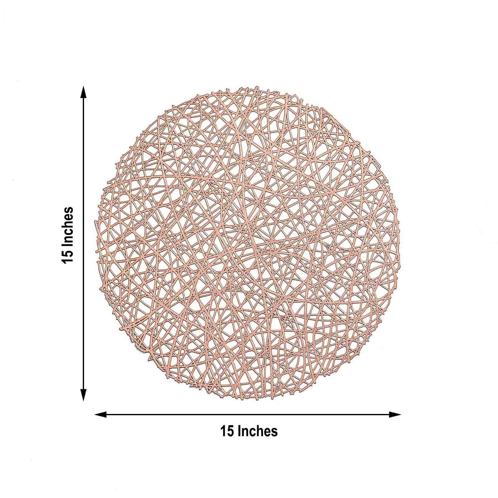 6-Pack Vinyl Placemats Rose Gold Woven Design - Durable Non-Slip Round Table Mats for Dining 15