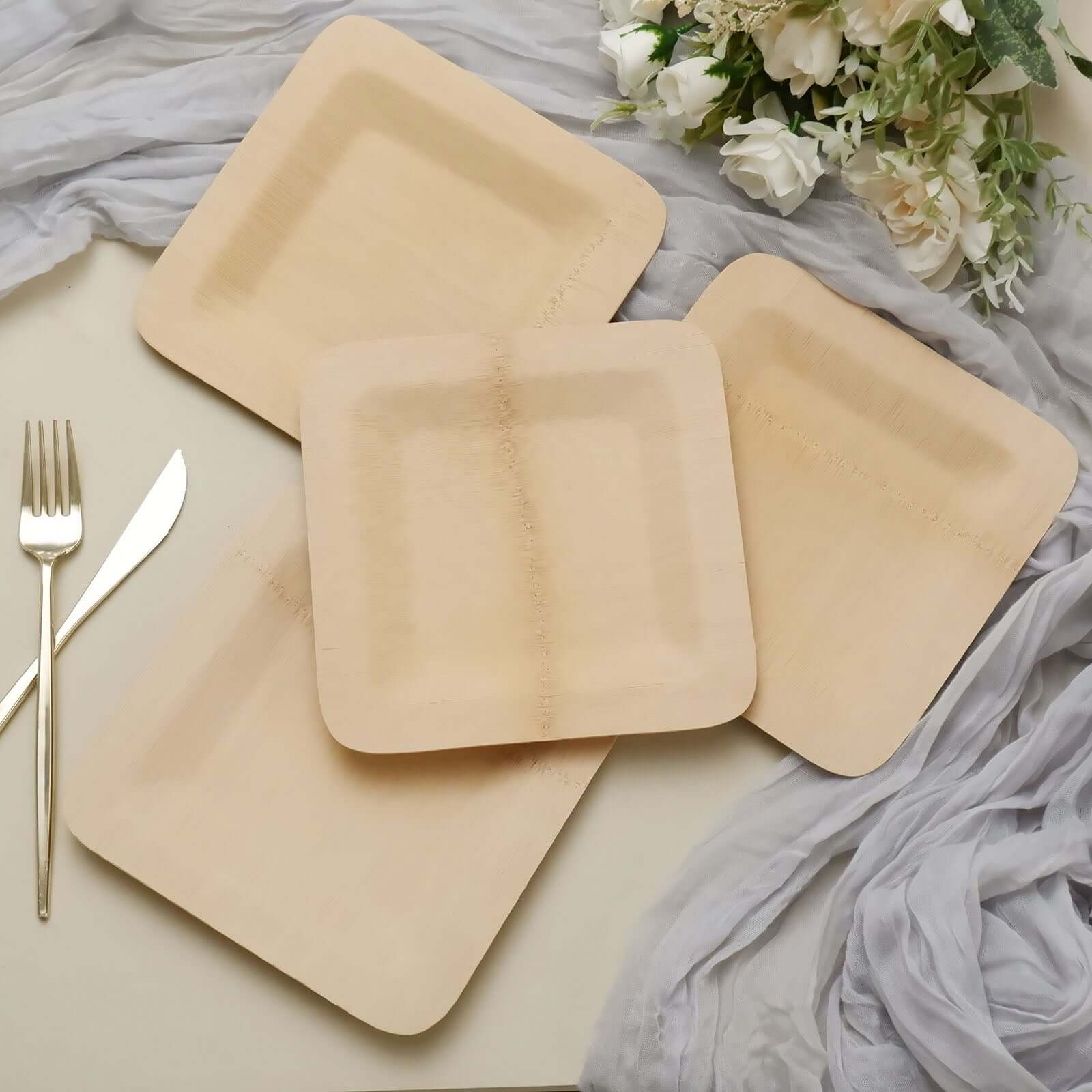 10-Pack Bamboo 9 Square Dinner Plates - Natural Eco Friendly Disposable Dinnerware for Farmhouse-Style Events, Parties & Gatherings