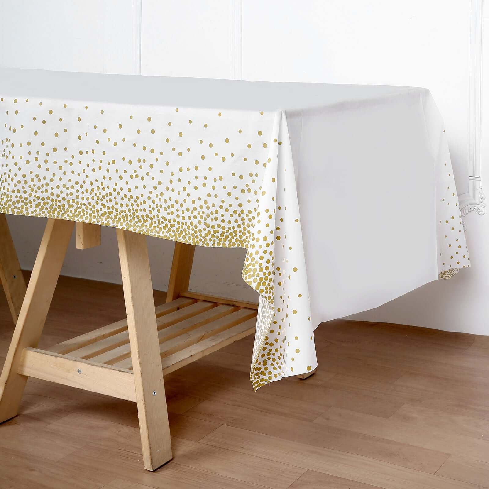 5-Pack Plastic Table Covers White Rectangle with Gold Confetti Dots - Durable PVC Disposable Tablecloths for Events 54x108