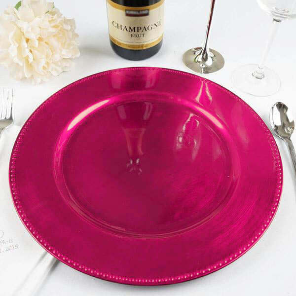 6-Pack Acrylic Round Charger Plates 13 in Hot Pink with Beaded Rim, Dinner Charger Event Tabletop Decor