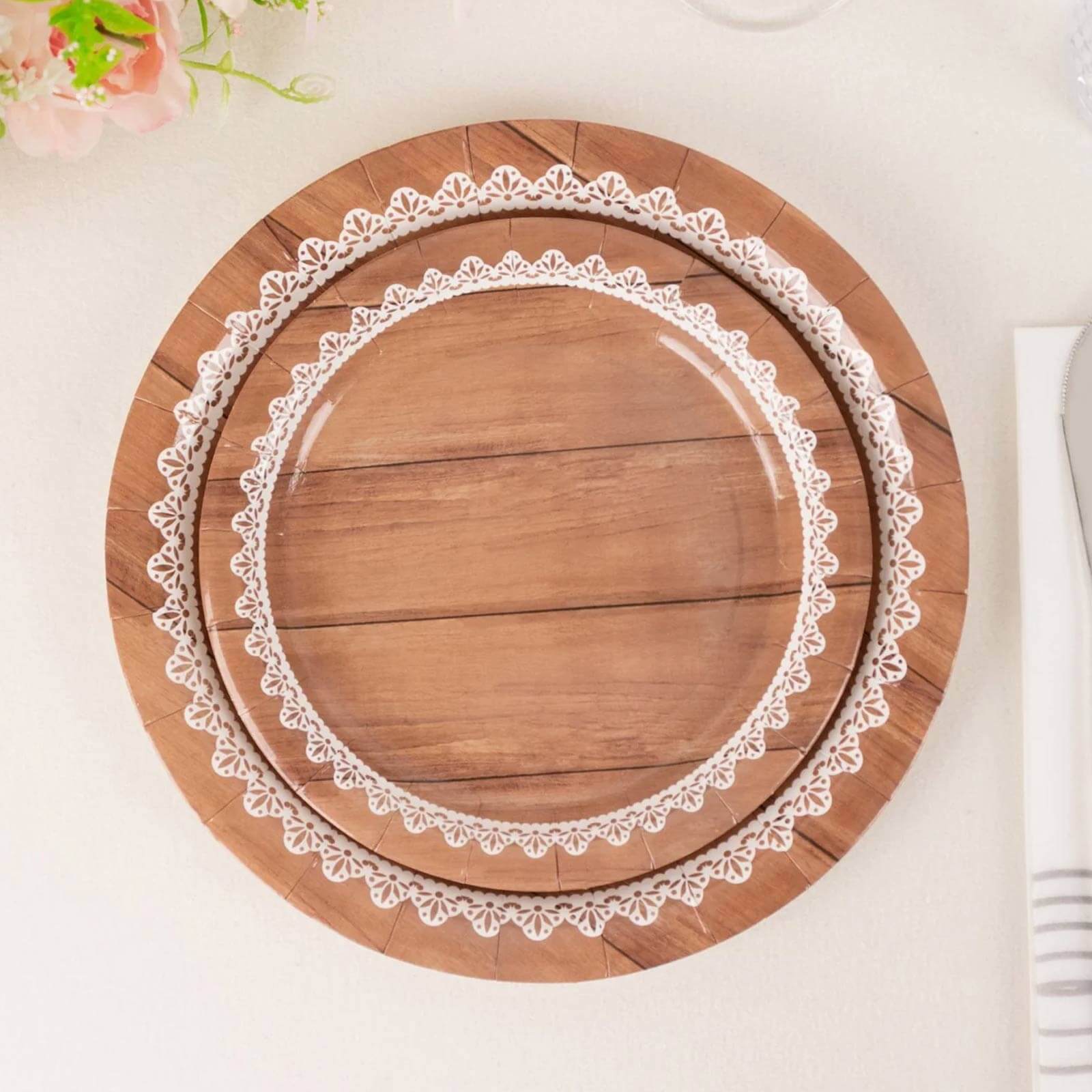 25-Pack Paper 7 Round Dessert Plates in Brown Wood Grain Print with White Floral Lace Rim - Disposable Appetizer Salad Plates for Rustic Farmhouse Style Events