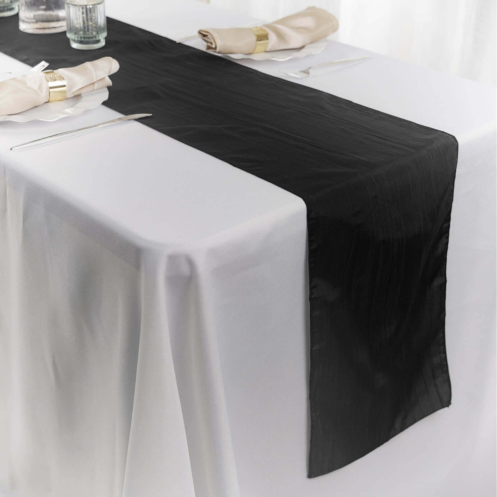 Taffeta 12x108 Table Runner Black - Accordion Crinkle Design