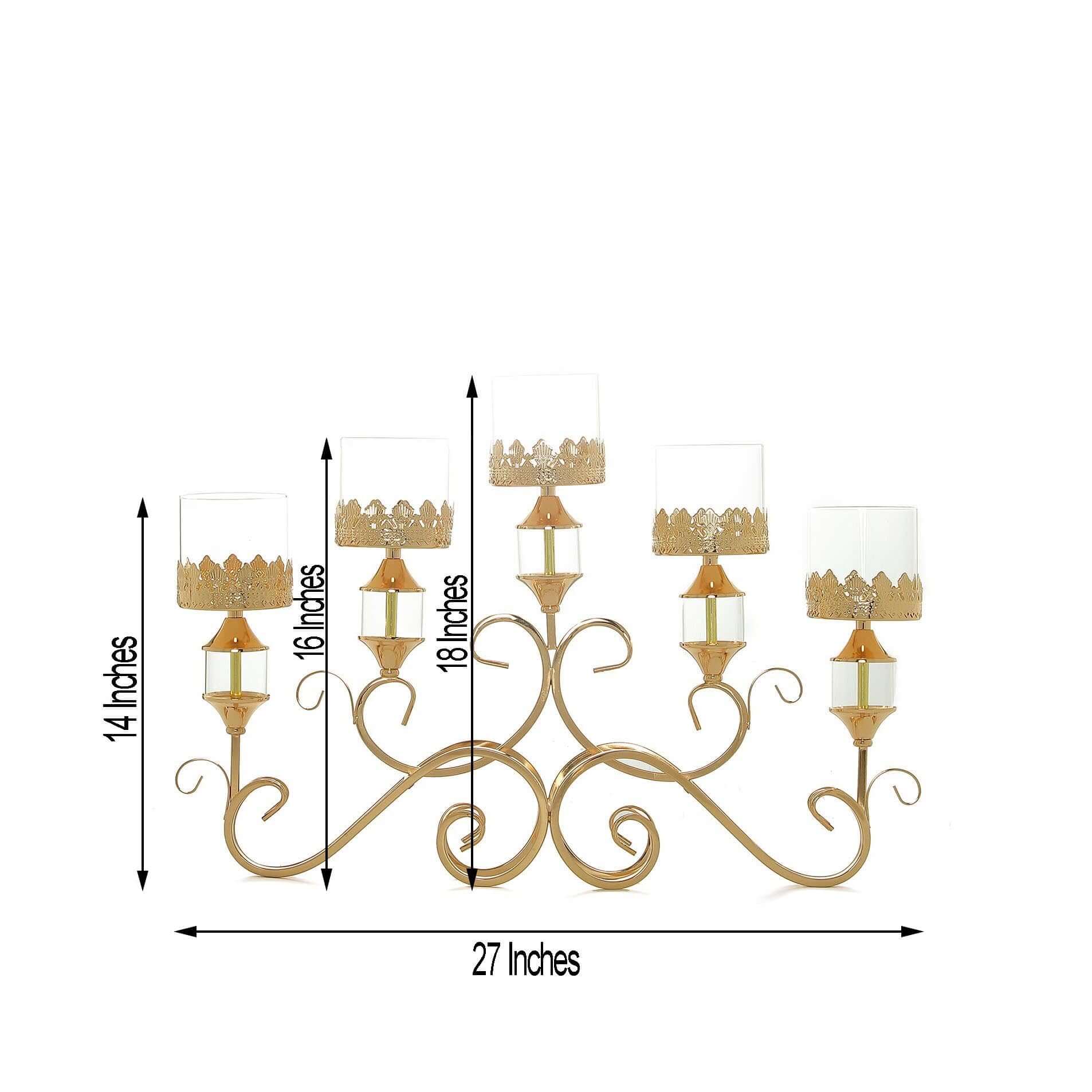 5-Arm Metal Table Candelabra Antique Gold Crown Top Design - Stylish Horizontal Table Centerpiece with Glass Votive Holders 18