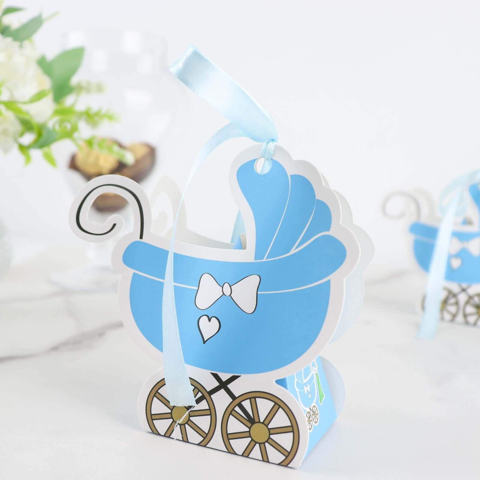 25 Pack Light Blue Baby Paper Stroller Party Favor Gift Boxes, Cardstock Carriage Candy Boxes with Ribbon Ties - 4.5x2x4