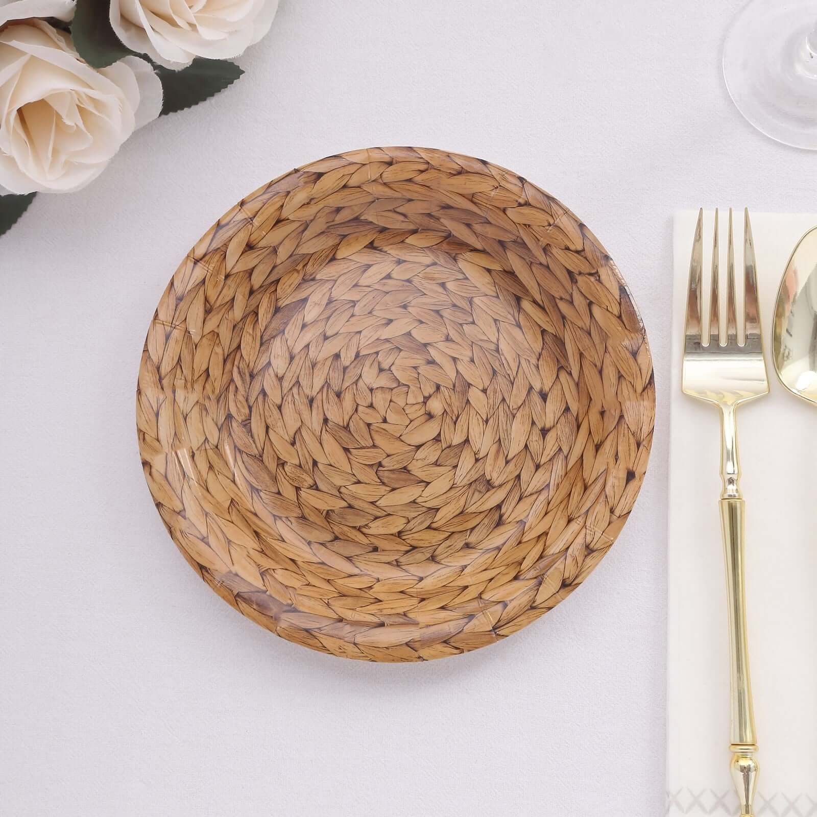 25-Pack Paper 7 Round Dessert Plates in Natural with Woven Rattan Print - Rustic Farmhouse Disposable 300GSM Appetizer Salad Plates for Indoor & Outdoor Gatherings