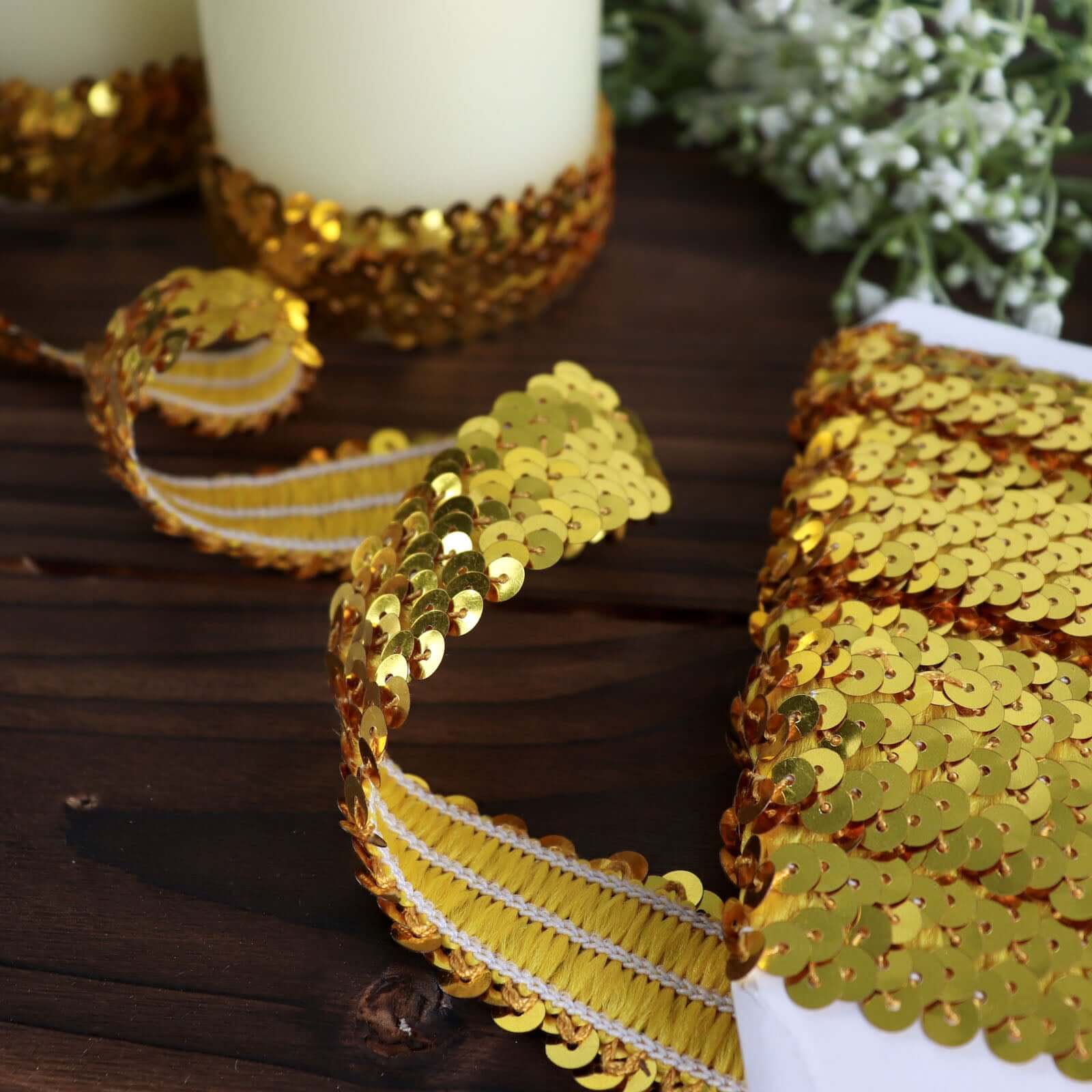 1x10 Yards Metallic Gold Sequin Stretch Fabric Ribbon, Elastic Lace Trim, Shiny Glitter Craft Fabric