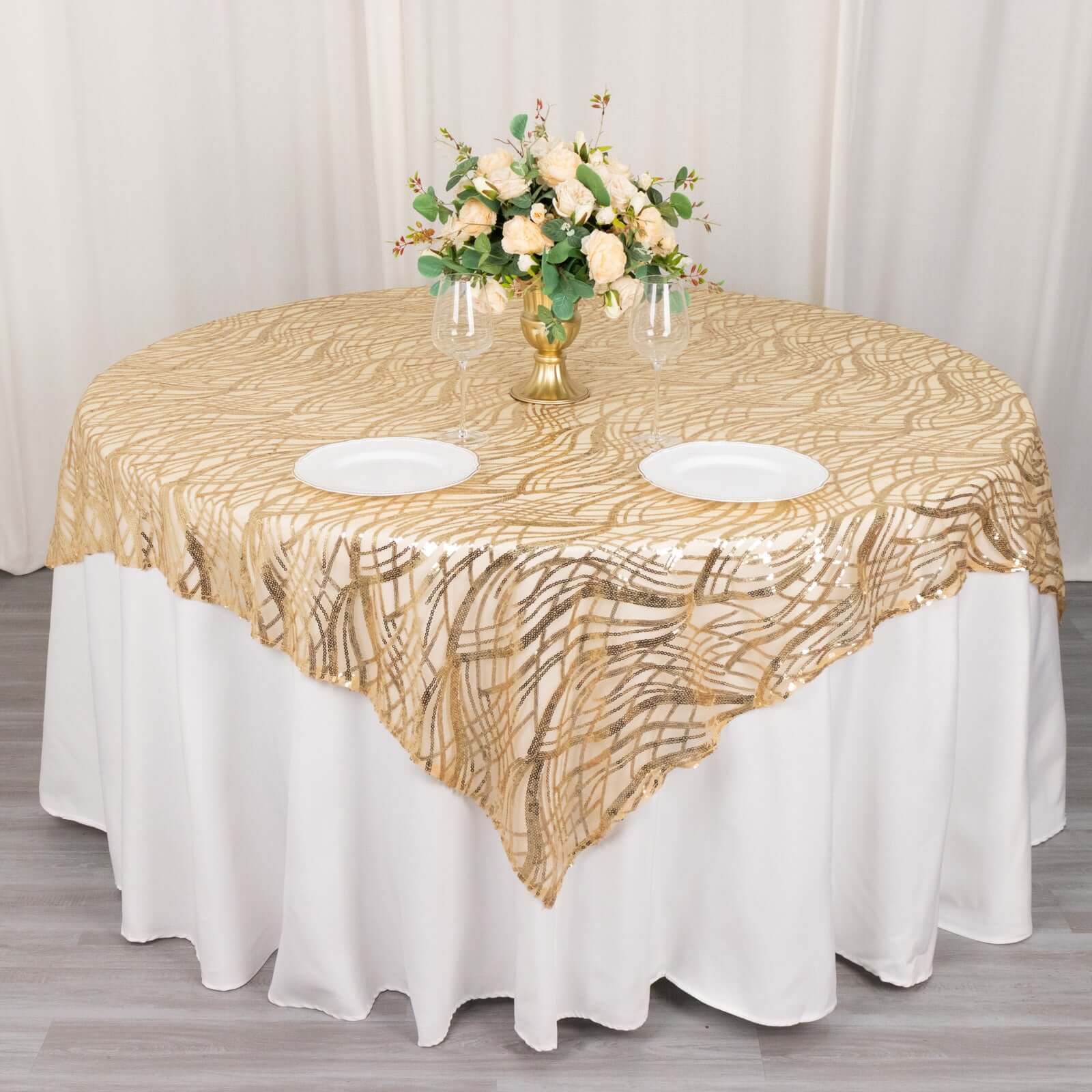 Mesh 72x72 Table Overlay Square Tablecloth Champagne - Wave Embroidered Sequins Table Topper