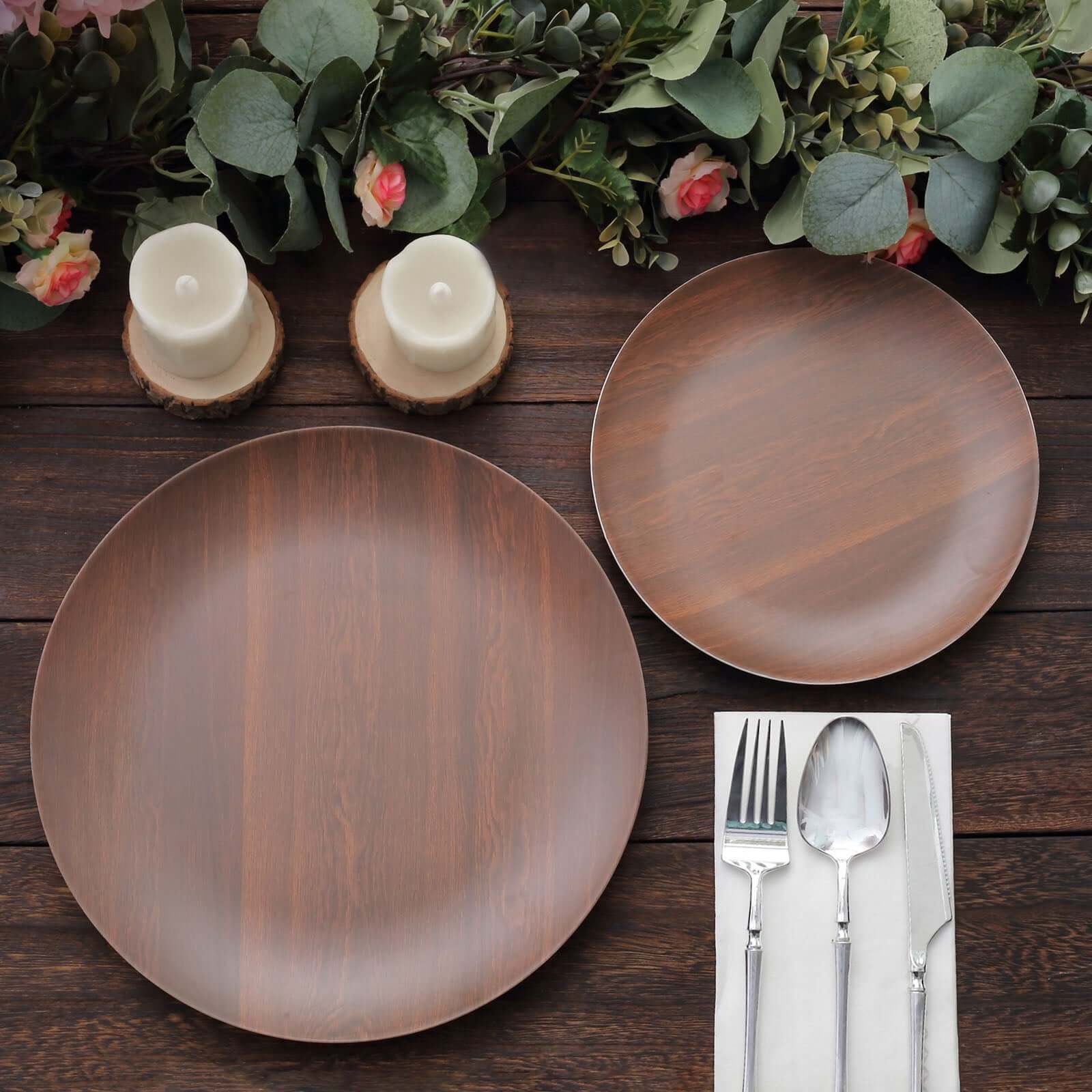 Pack of 6 Melamine 10 Round Dinner Plates in Brown Wood Grain Print - Disposable Shatterproof Party Plates for Rustic Farmhouse-Inspired Table Decor