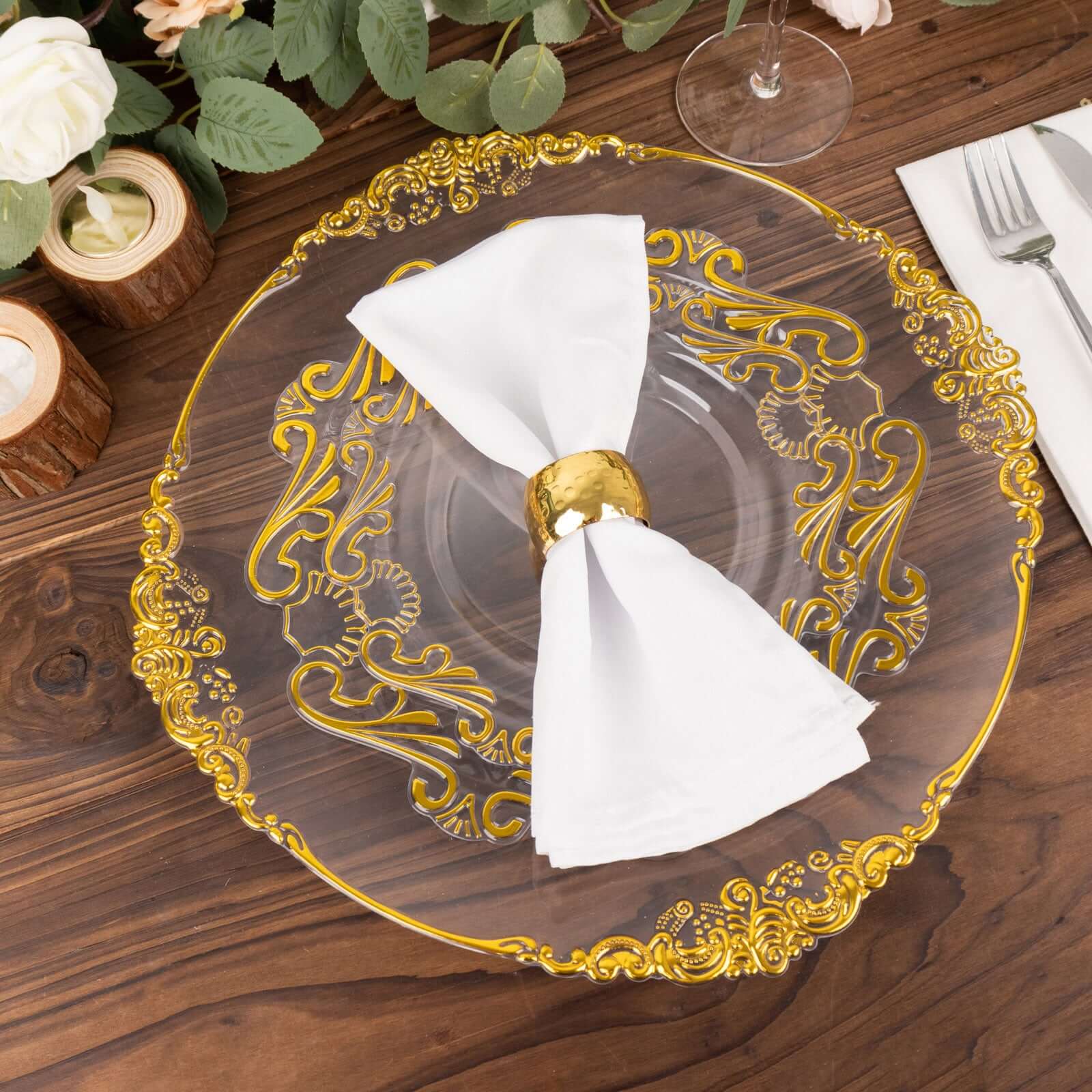 10-Pack Plastic 8 Round Dessert Plates in Clear with Gold Vintage Baroque Scalloped Rim - European Style Disposable Salad Appetizer Plates