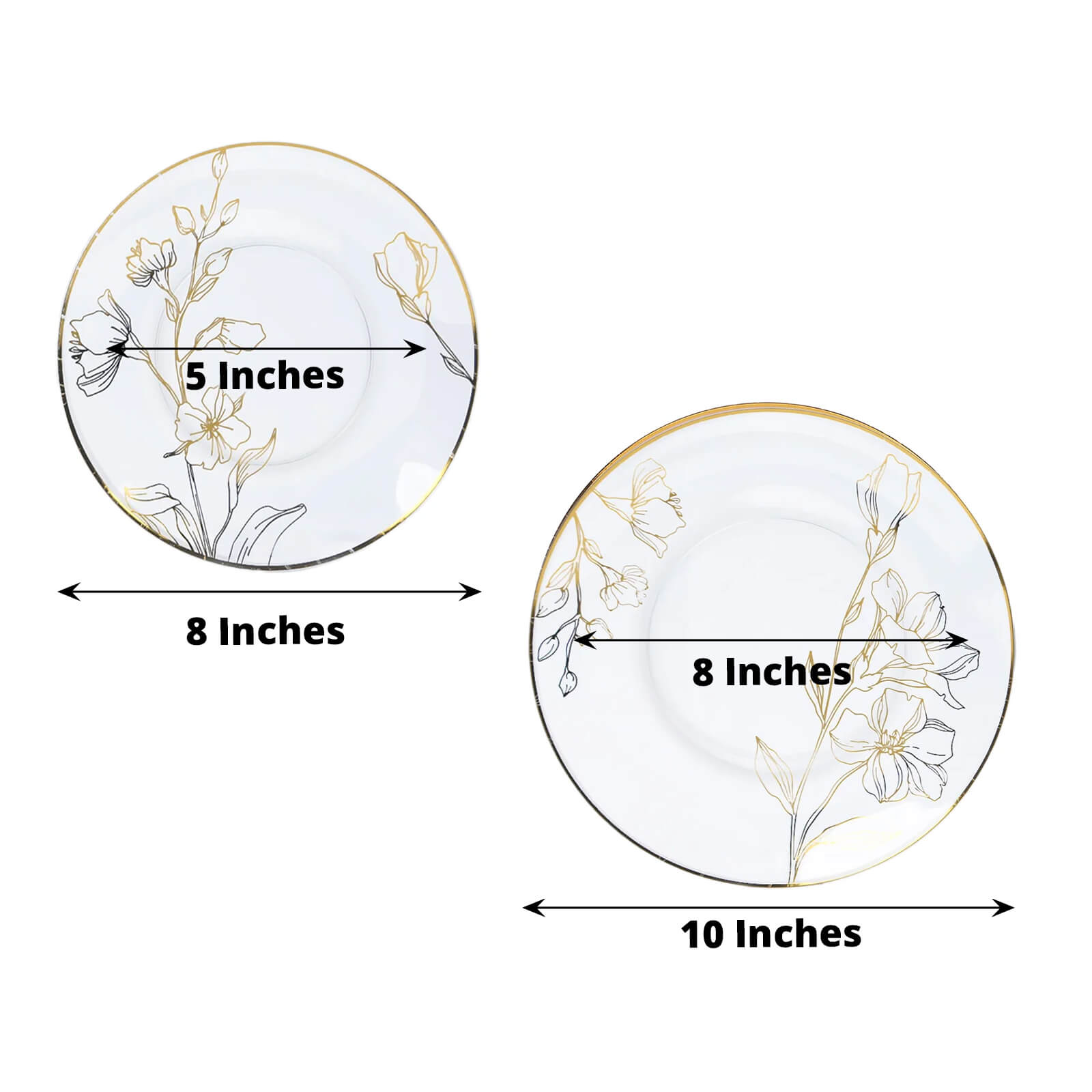 Set of 20 Plastic Round Dinner and Dessert Plates in Clear with Metallic Gold Floral Design - Stylish Disposable Dinnerware 8, 10