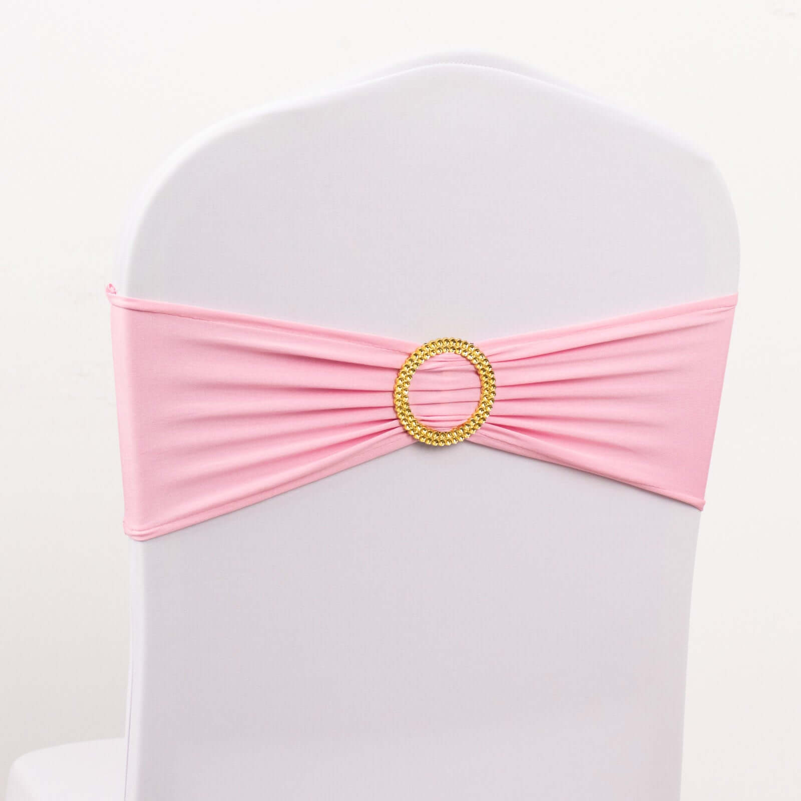 5 Pack Spandex Chair Sashes Pink with Gold Rhinestone Buckles - Reusable Four-Way Stretch Sash Bands 5x14