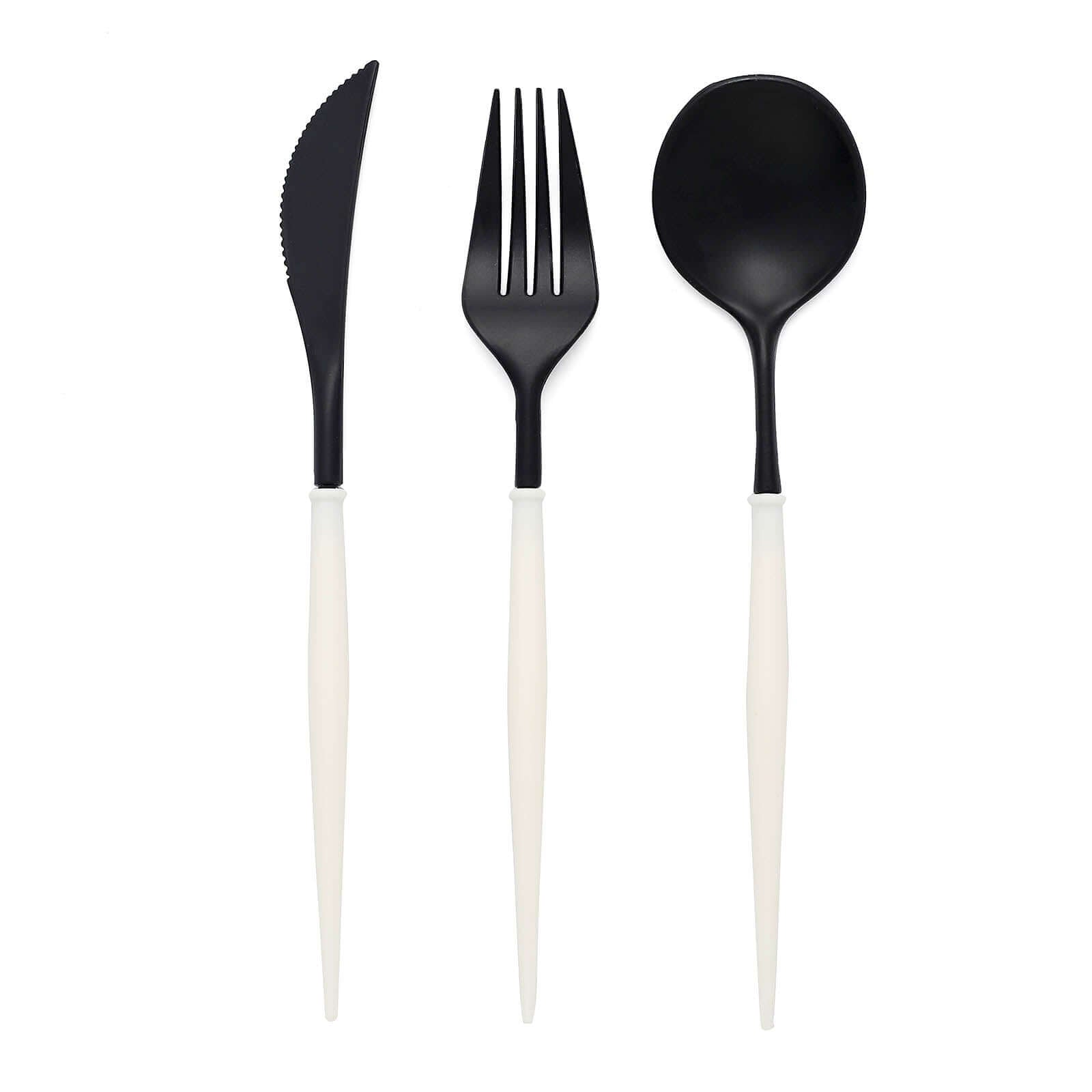 24-Pack Plastic Flatware Set in Black with Ivory Handle - Heavy Duty Disposable Modern Silverware 8