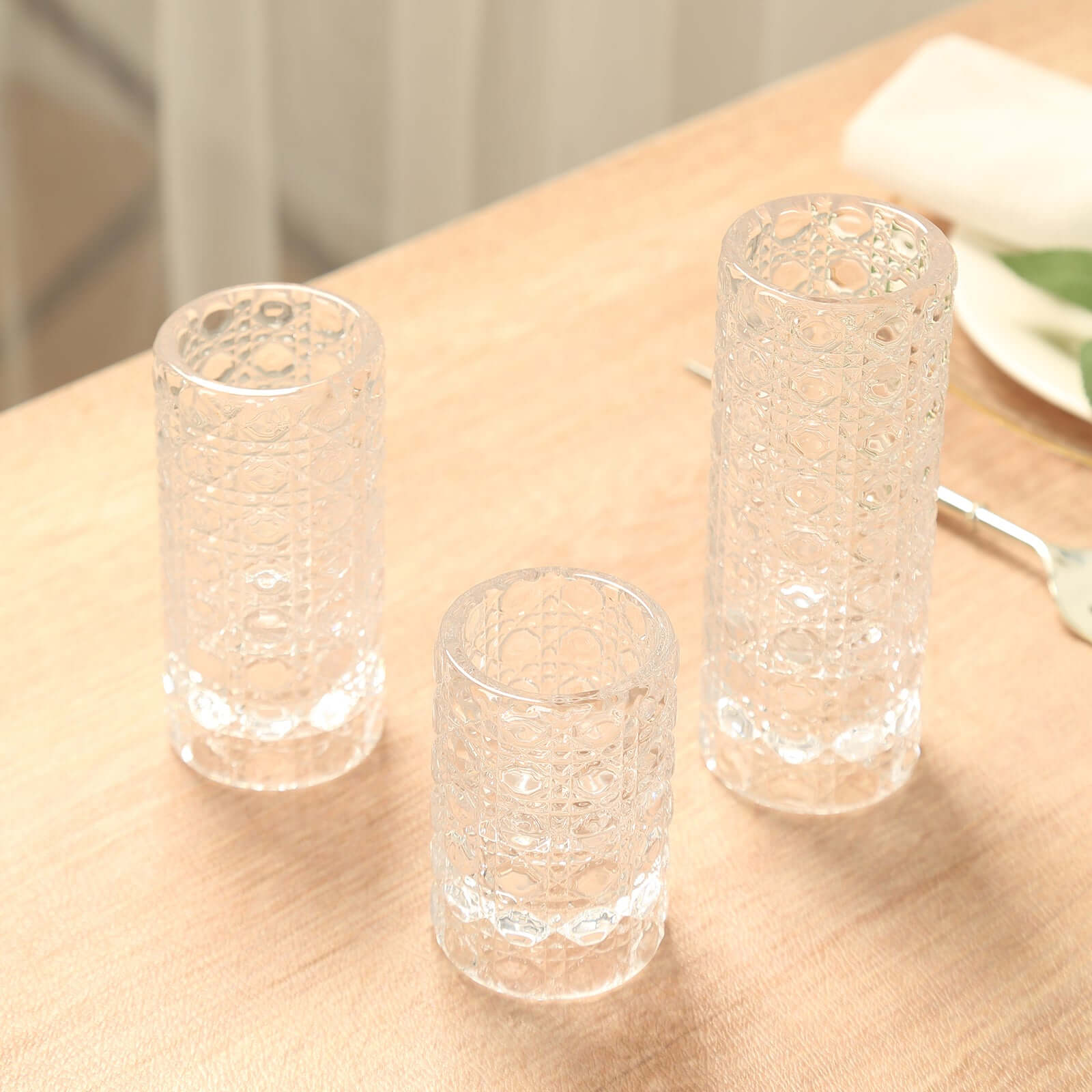 Set of 3 Glass Taper Candle Holders Clear with Gemstone Pattern - Dual Sided Crystal Cylinder Tealight Stands 3, 4, 5.5