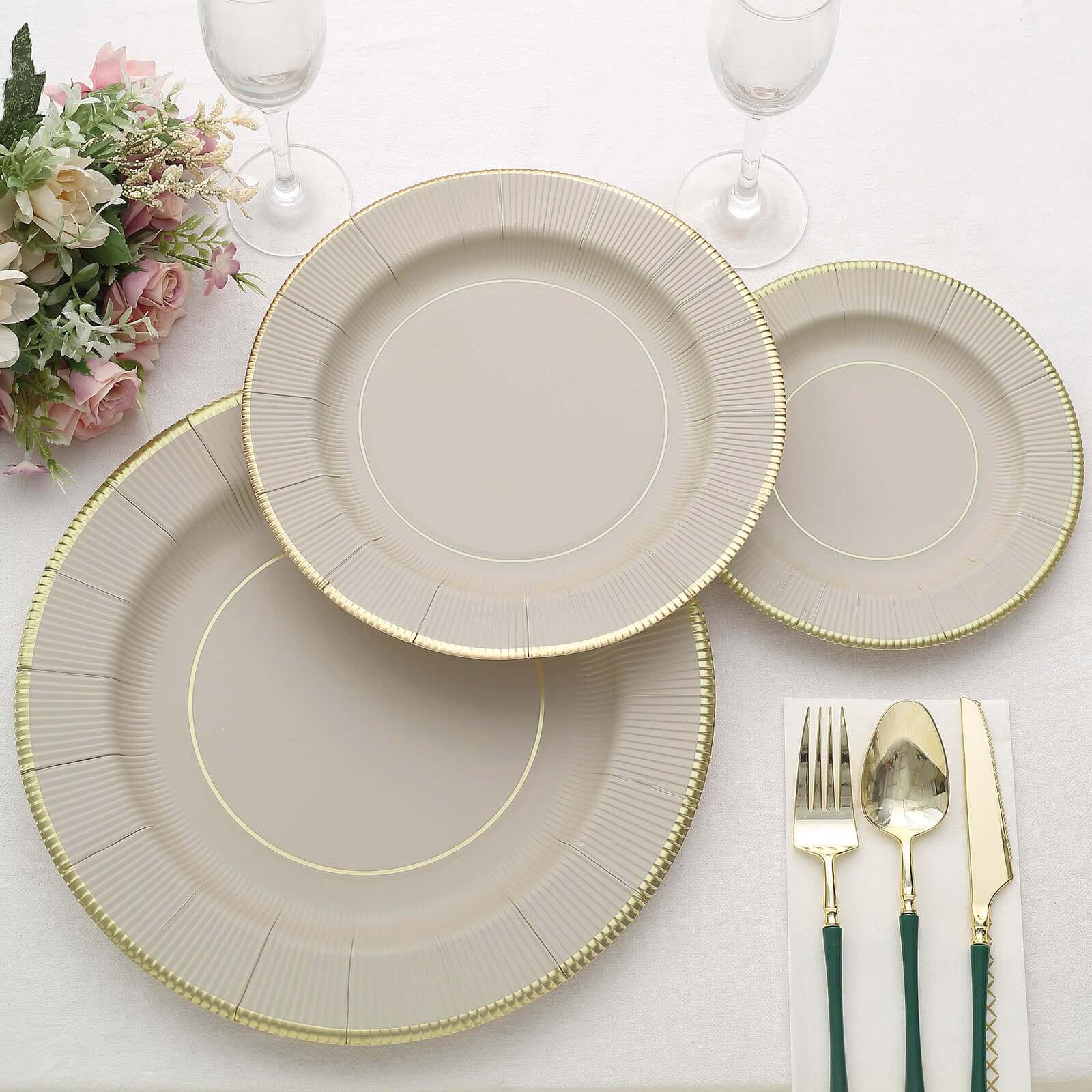 25-Pack Paper 10 Round Dinner Plates in Taupe Sunray Design with Gold Rim - Disposable Heavy Duty 350GSM Party Plates