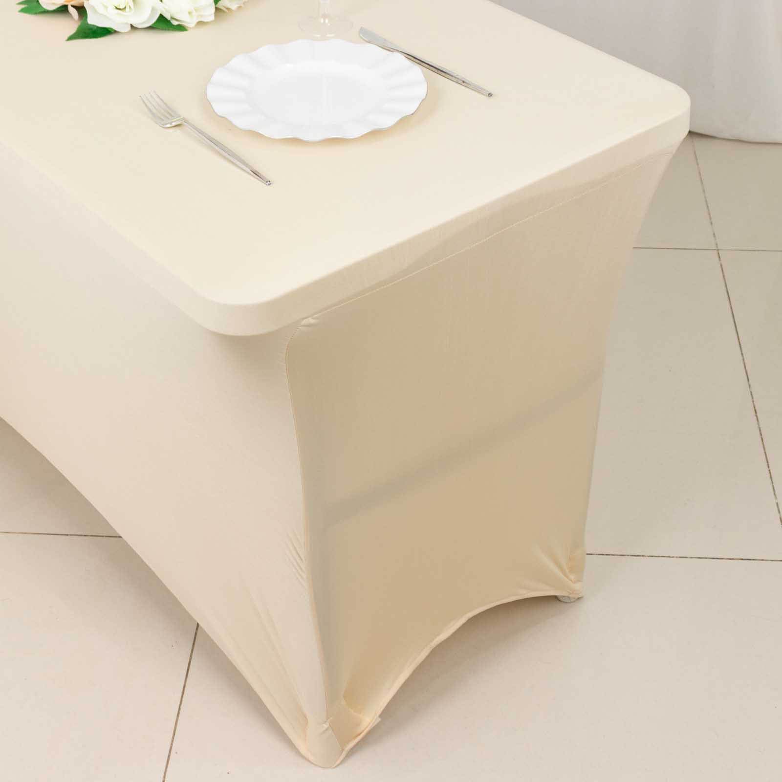 Stretch Spandex 48x30 Rectangle Tablecloth Beige - Durable Form-Fitting Table Cover