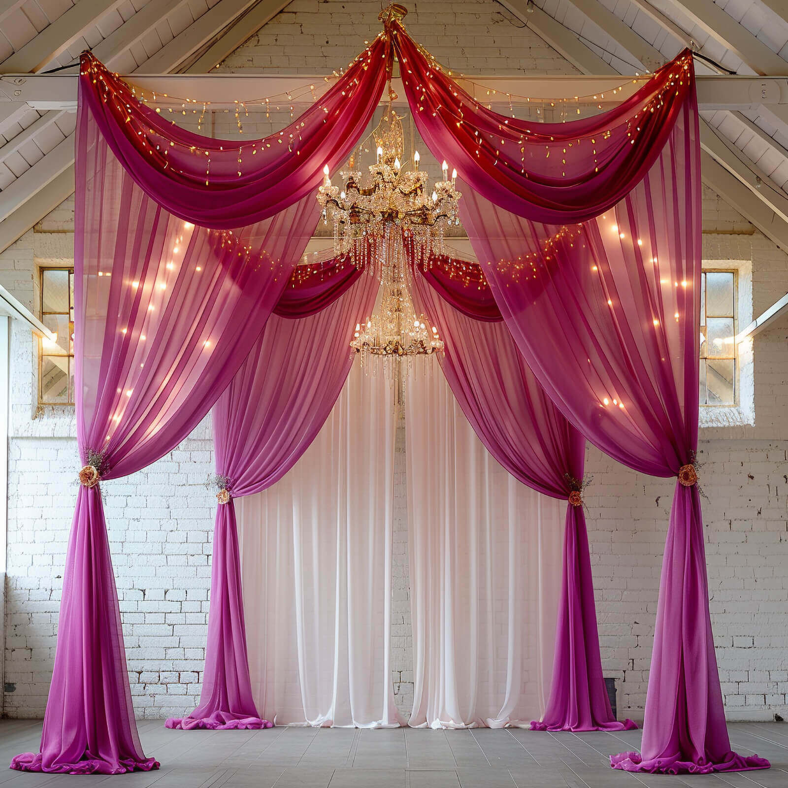 5ftx32ft Premium Fuchsia Chiffon Curtain Panel, Durable Flame Resistant Backdrop Ceiling Drapery With Rod Pocket