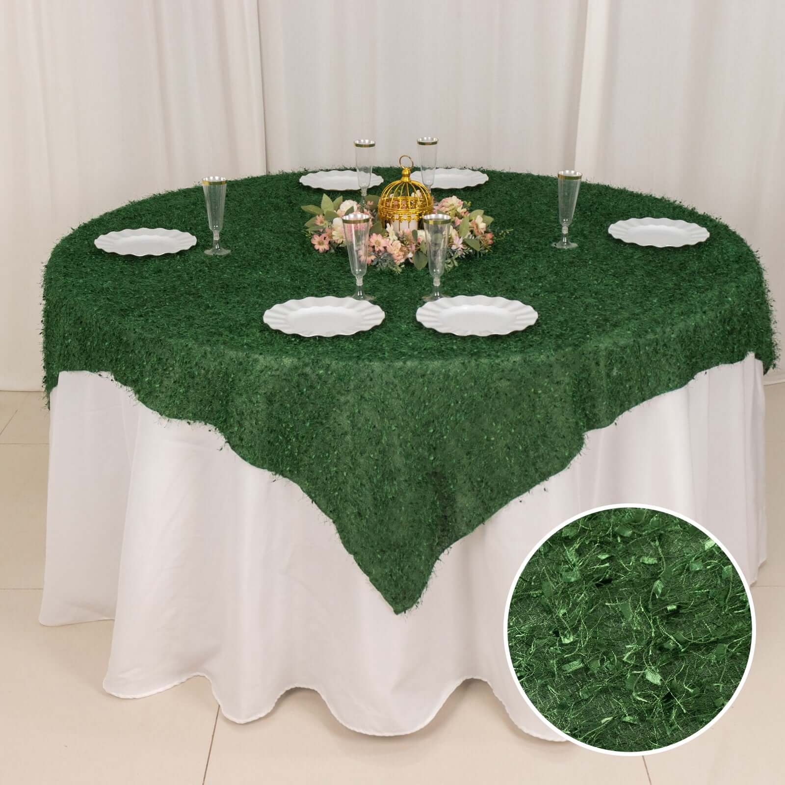 Polyester 72x72 Table Overlay Square Tablecloth Green - Fringe Shag Table Topper