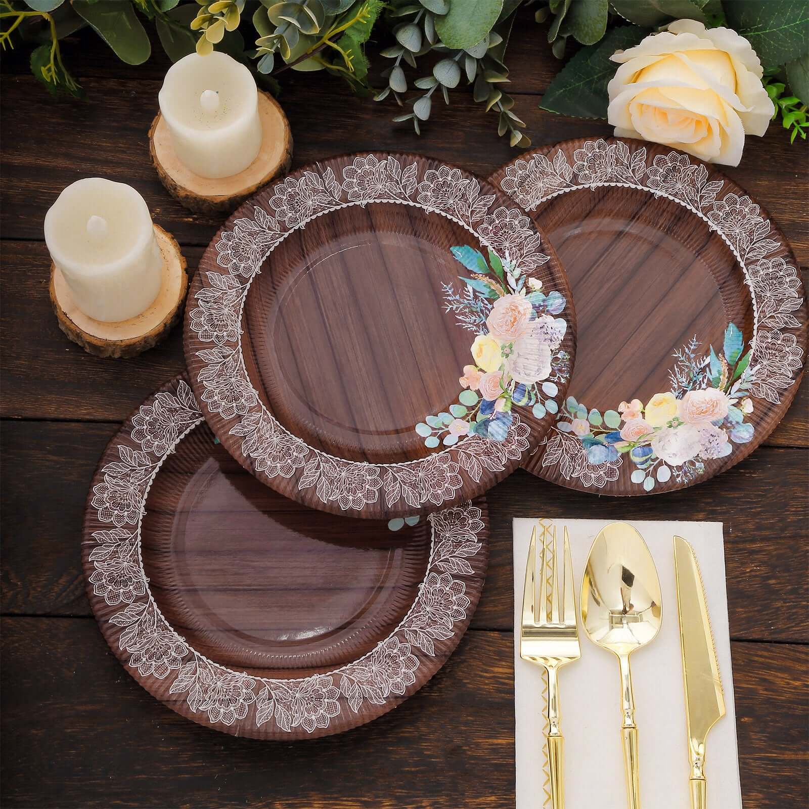 25-Pack Disposable Round Charger Plates in Brown Rustic Wood Print with Floral Lace Rim - Durable Paper Chargers for Rustic Themes & Outdoor Events 13