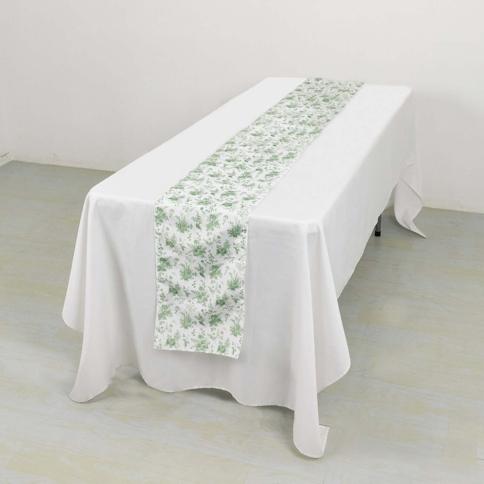 Polyester 12x108 Table Runner Dusty Sage Green French Toile Floral Print - Upscale Dining Table Decor