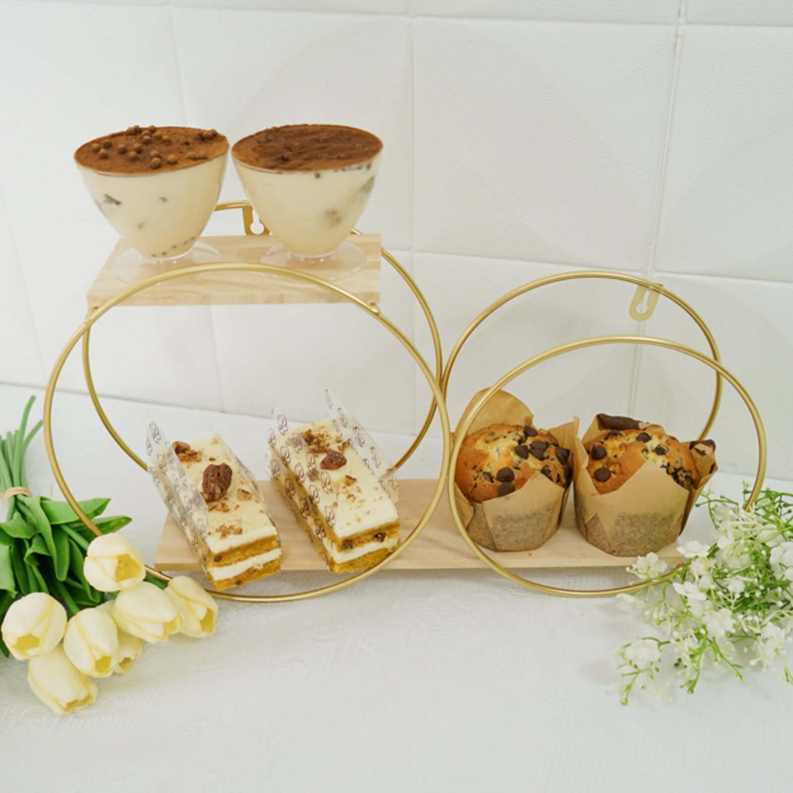 10x18 2-Tier Round Floating Shelf, Dessert Display Stand, Hanging Wall Shelf Gold With Double Hoop Design