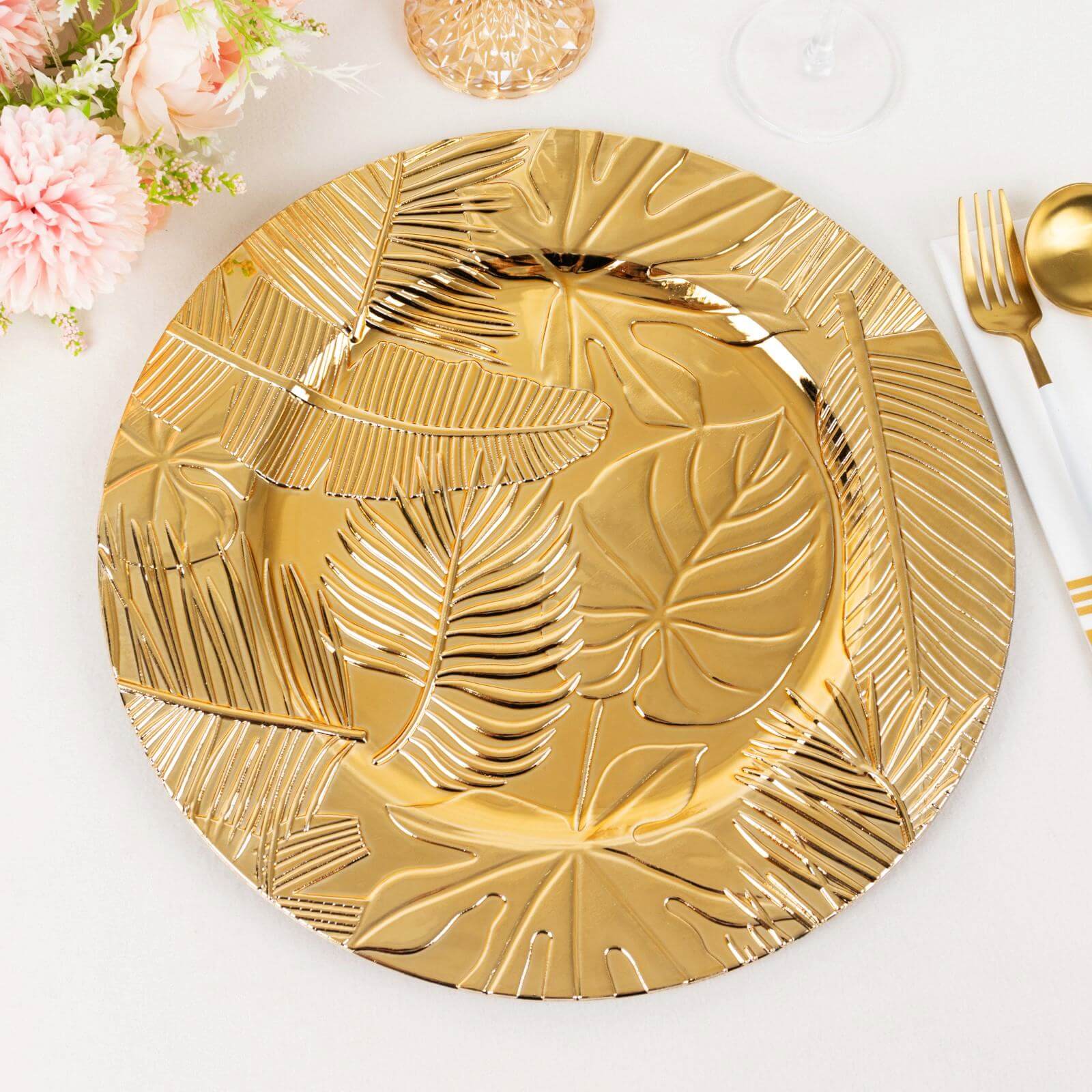 6-Pack Acrylic Round Charger Plates 13 in Metallic Gold with Embossed Tropical Leaves, Decorative Dinner Charger Tableware