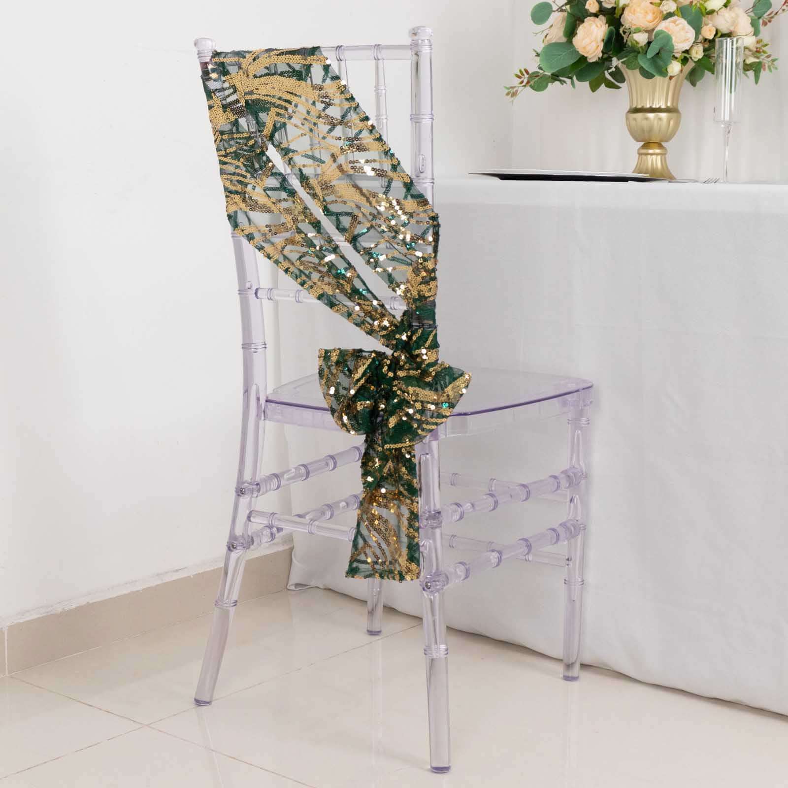 5 Pack Chair Sashes with Wave Embroidered Sequins Hunter Emerald Green/Gold 6x88