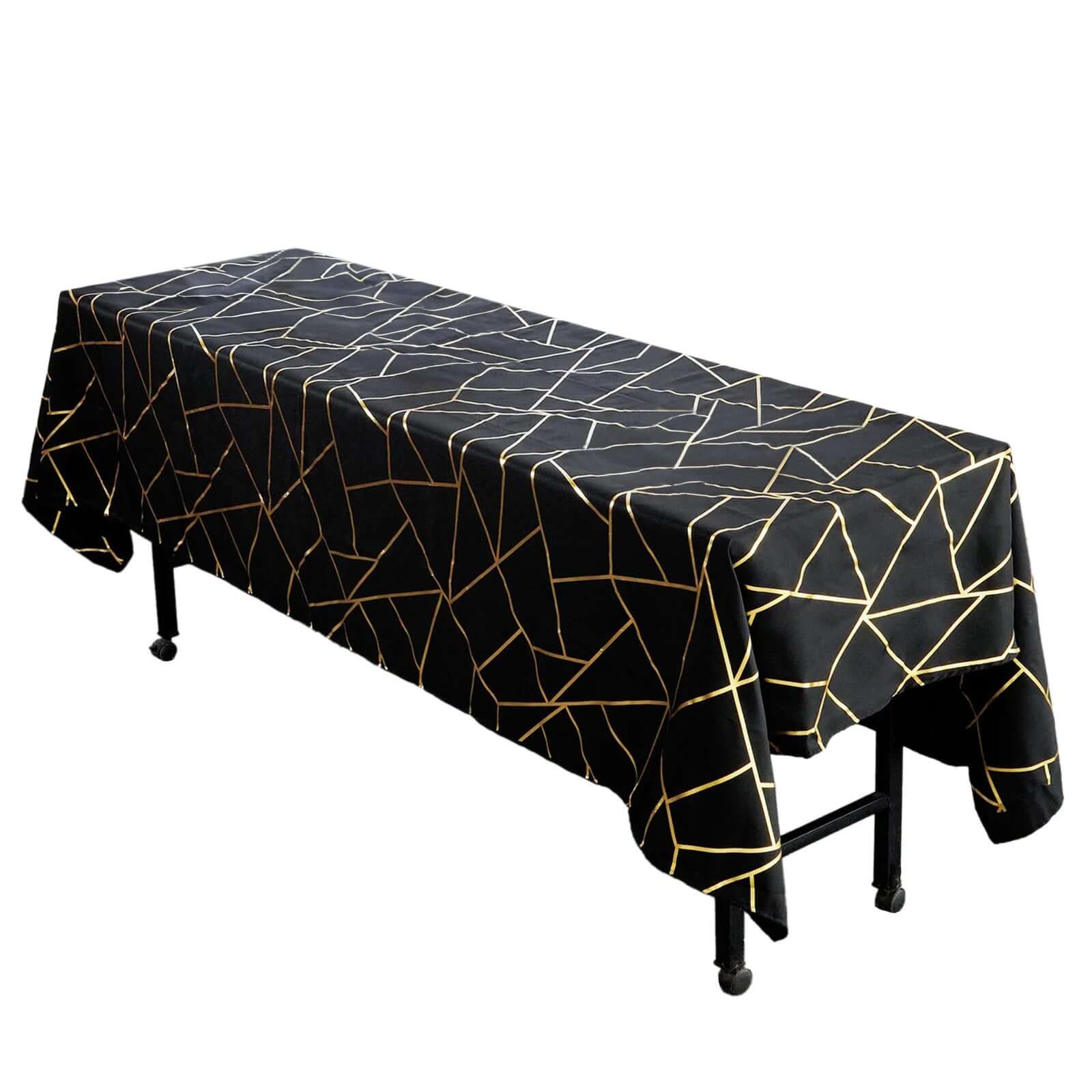 Polyester 60x102 Rectangle Tablecloth Black with Gold Foil Geometric Pattern - Wrinkle-Resistant & Durable Table Cover