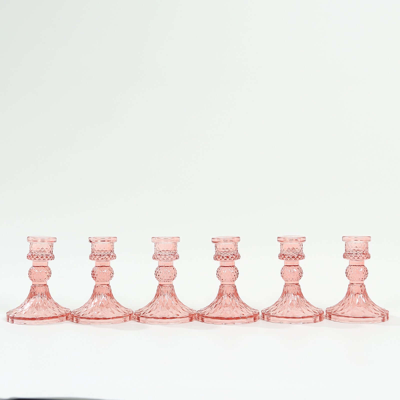 6-Pack Glass Taper Candlestick Holders Diamond Pattern Design Dusty Rose - Reversible Crystal Pillar Votive Stands 4