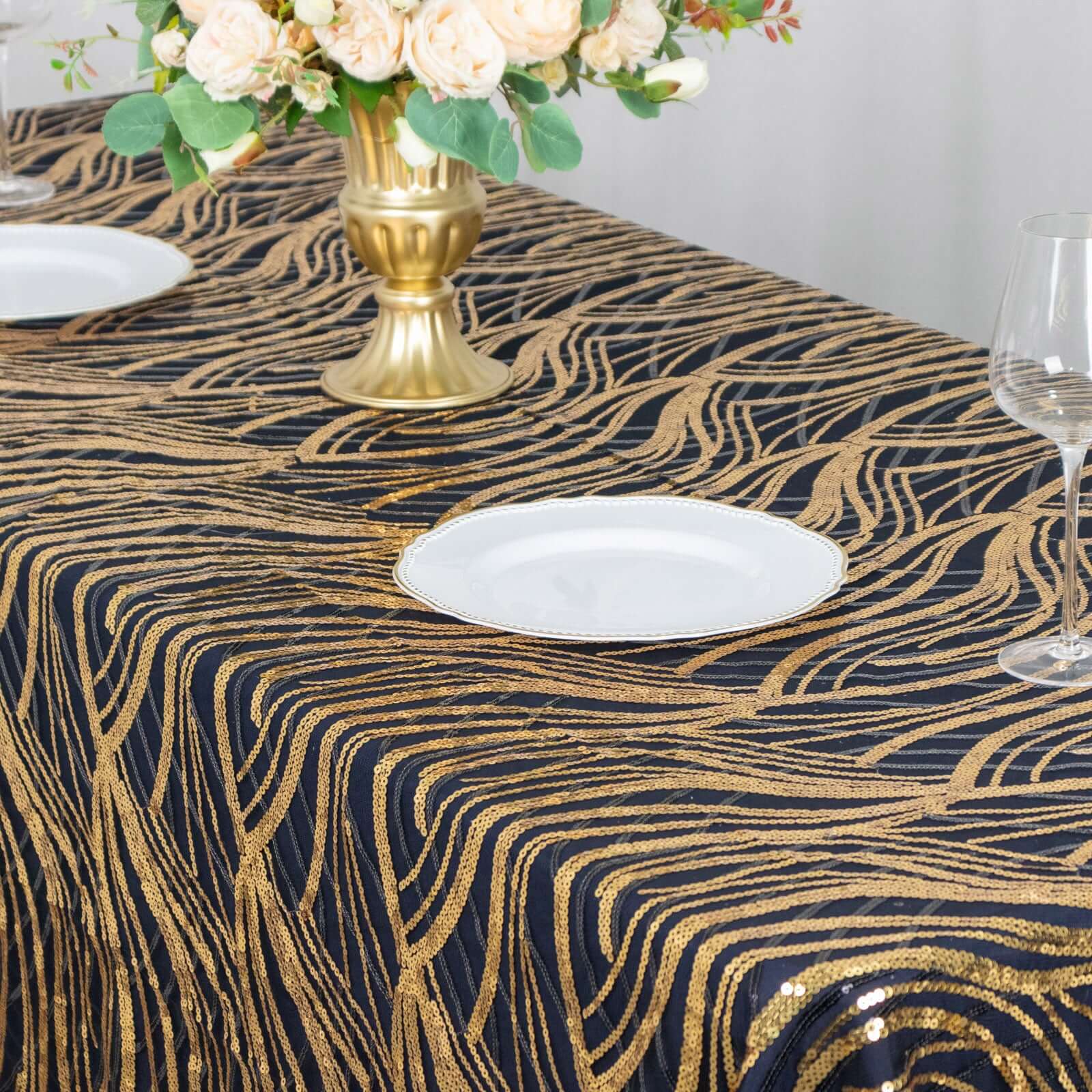 Mesh 90x156 Rectangle Tablecloth Black/Gold - Wave Sequin Embroidered Table Cover