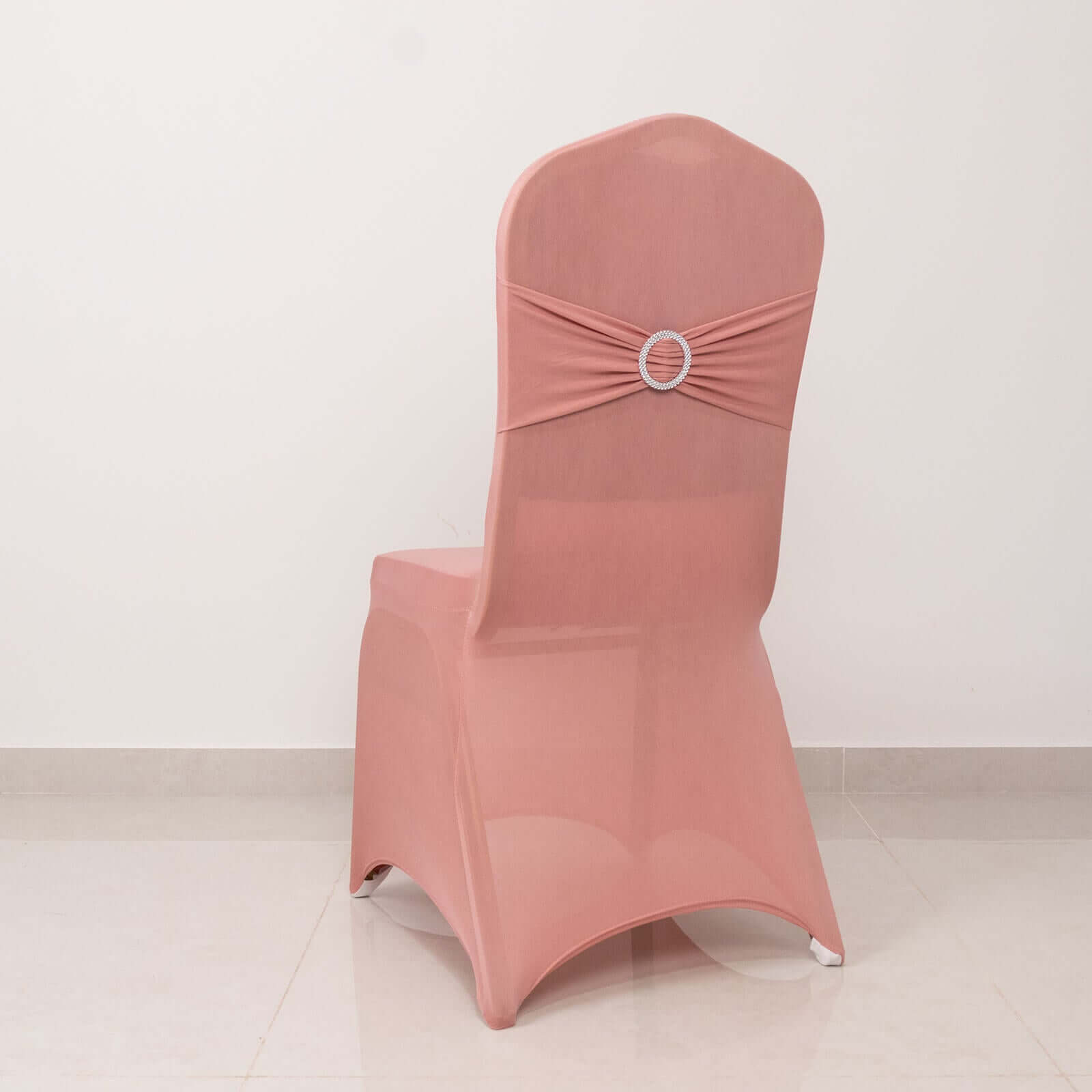 Spandex Chair Cover with Dusty Rose Rhinestone Buckled Sash Band Blush - Stretch Fitted Slipcover