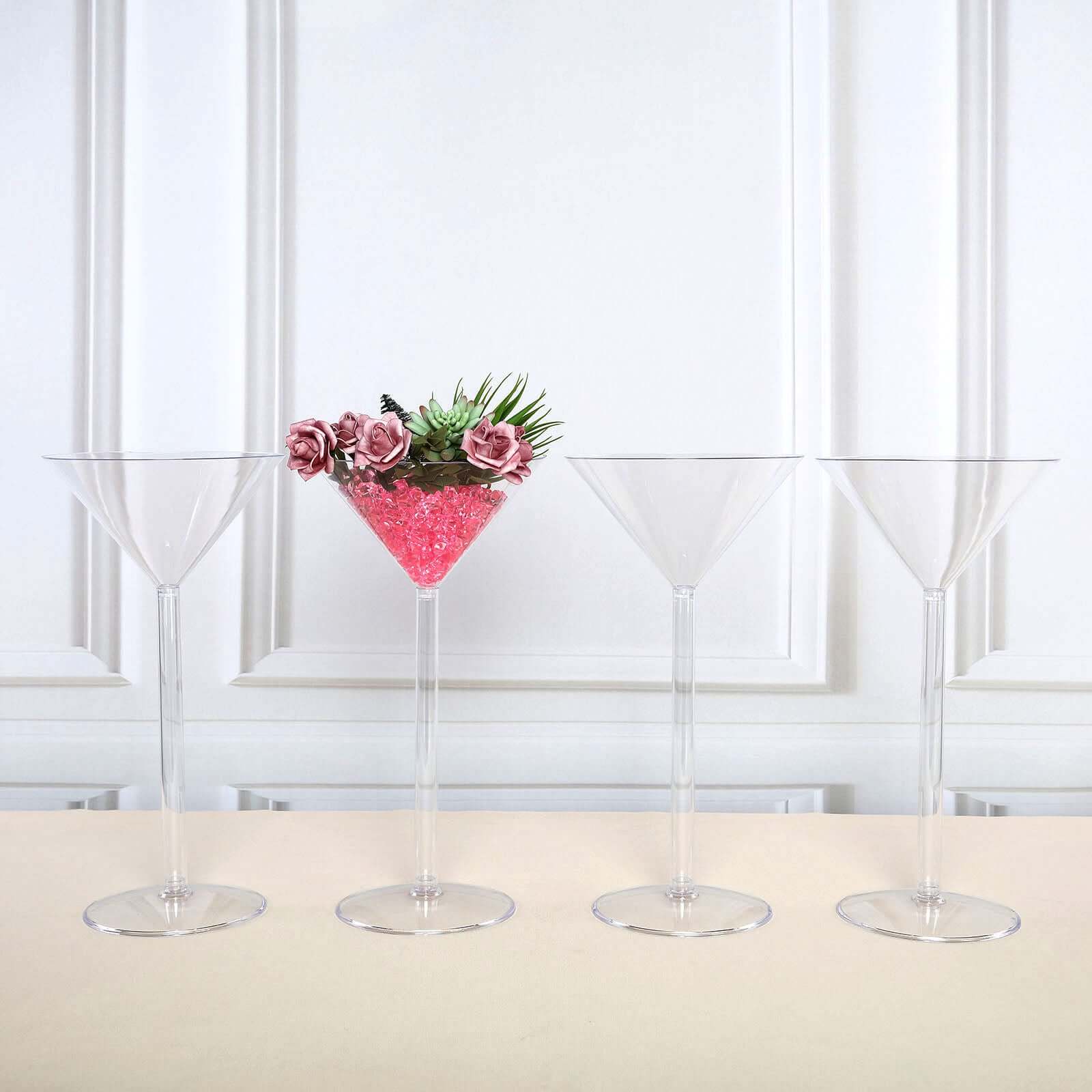 4-Pack Plastic Flower Vases Martini Glass Design Clear - Fillable Long Stem Event Centerpieces 18